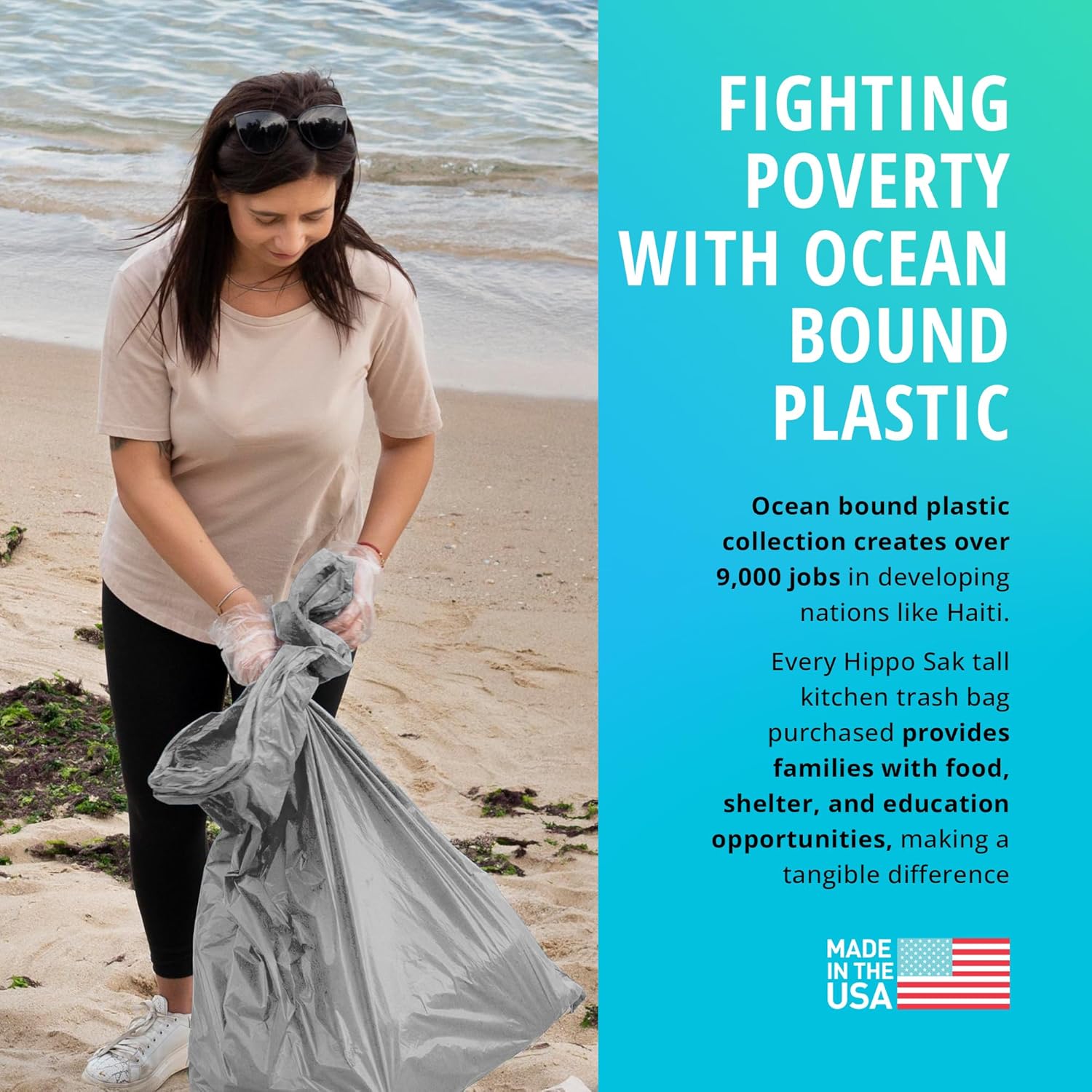 Hippo Sak - Tall Kitchen Garbage Bags with Ergonomic Handles - 13 Gallon Trash Bags Made from Recycled Ocean Bound Plastic - Super Strong and Leak Proof Tall Kitchen Trash Bags (45 Count)