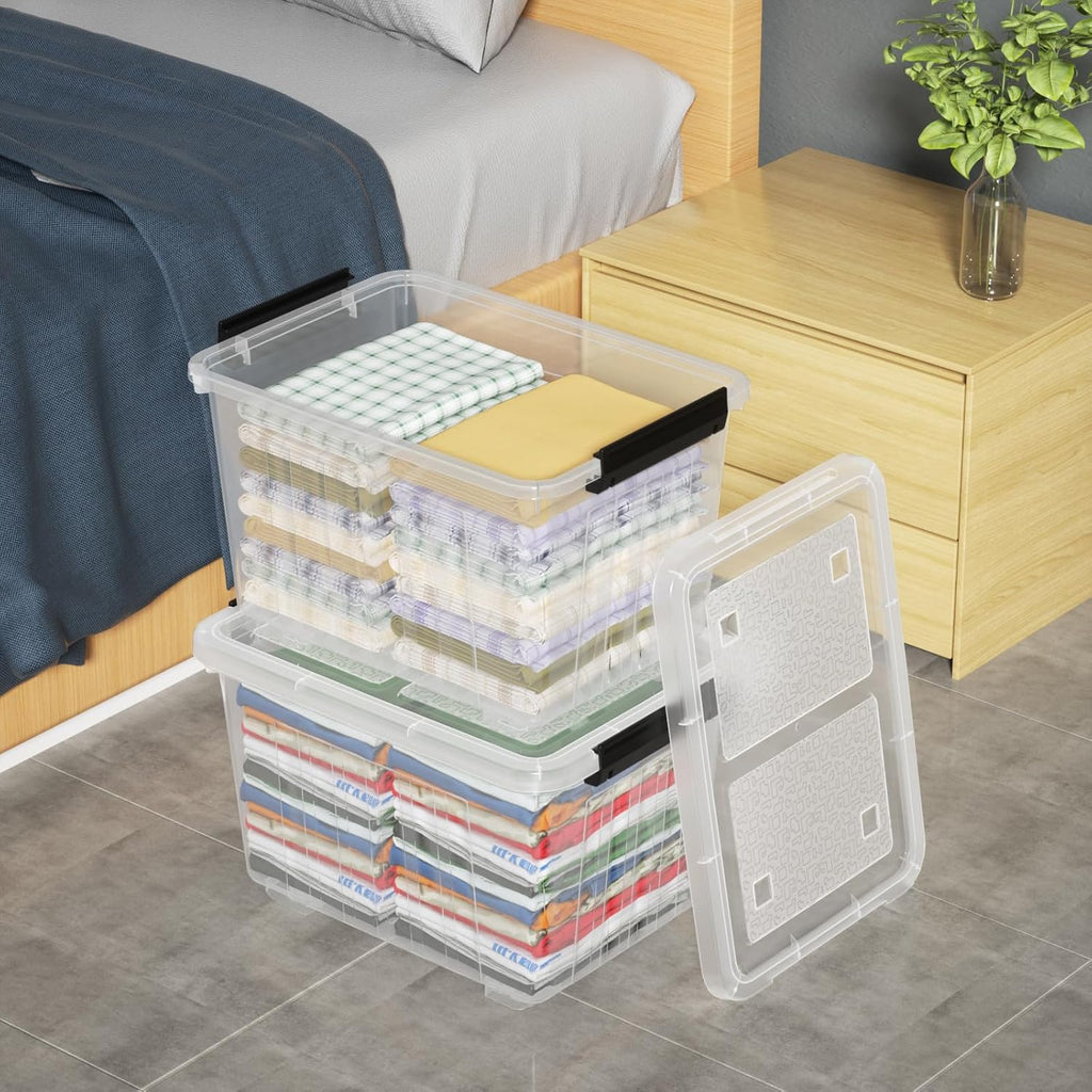 Zopnny 30 Quart Plastic Stacker Box, Large Storage Bin Container with Latching Lids and Wheels for Home and Garage Organizing, Shoes, Tools, Clear Base, 4-Pack