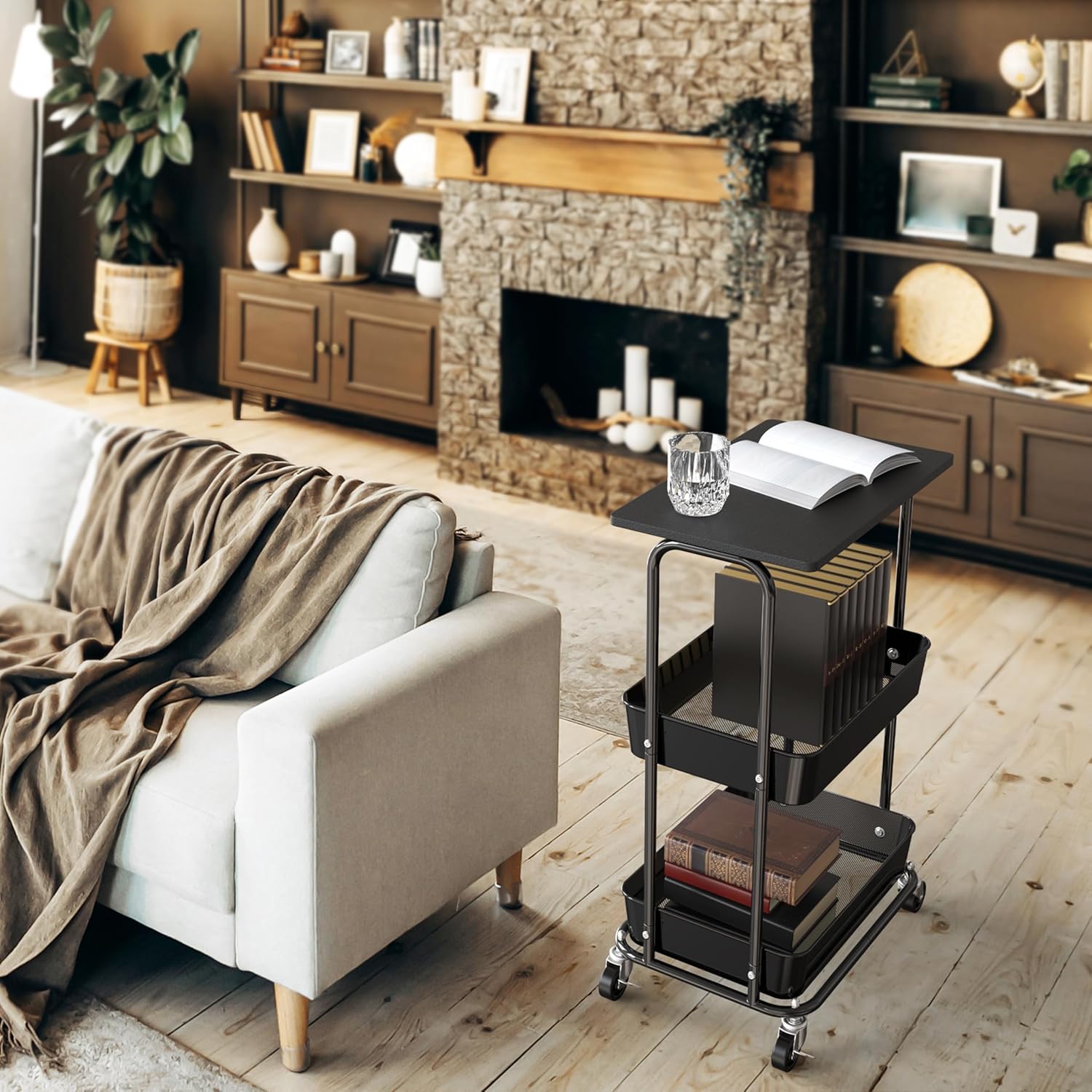 Simple Houseware 2-Tier Rolling Utility Cart with Lockable Wheels and Wood Top, Metal Storage Organizer Trolley for Kitchen, Bathroom, Office, Craft Room, Black