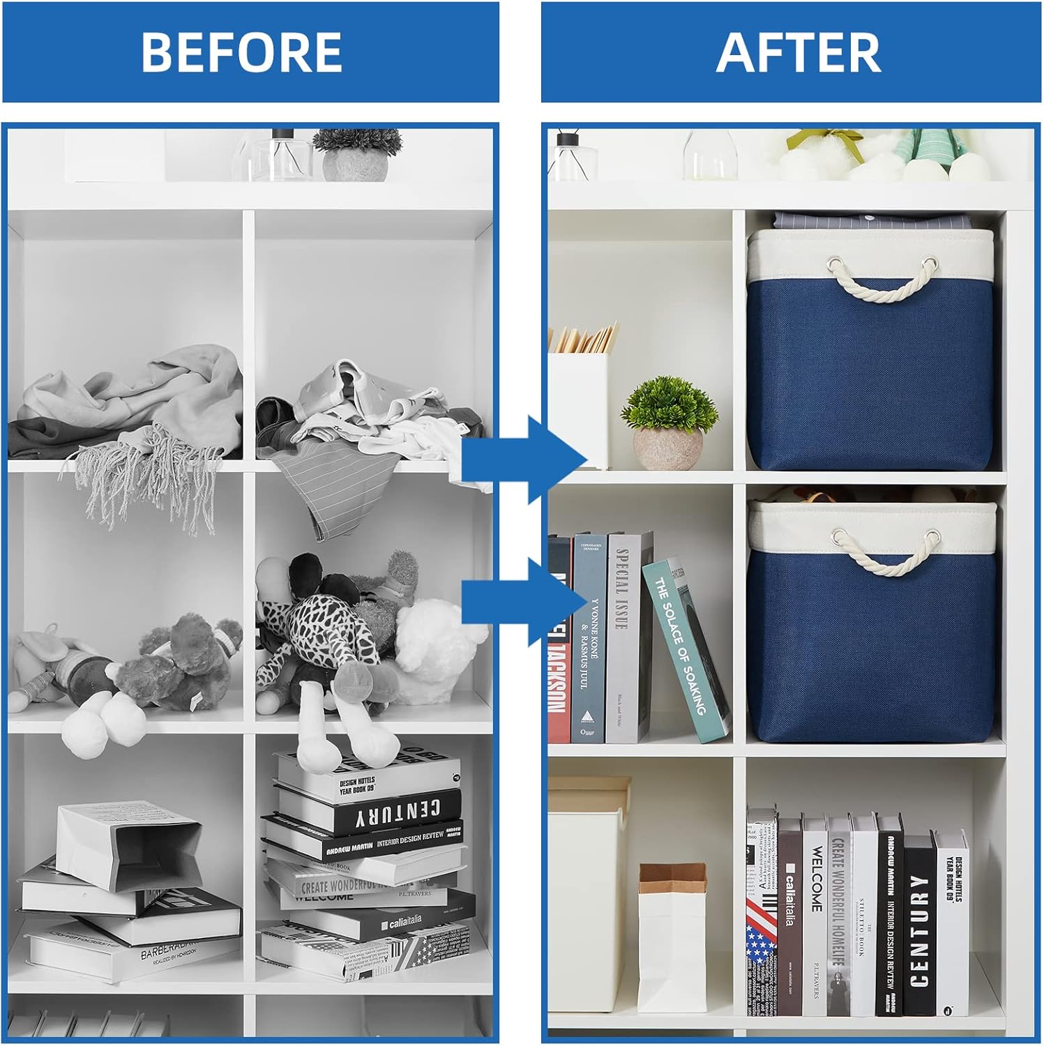 Temary Storage Baskets for Shelves, 2 Pcs Fabric Storage Bins Empty Gift Baskets for Organizing Clothes, Books, Decorative Basket with Rope Handles (White&Blue,16Lx12Wx12H Inches)