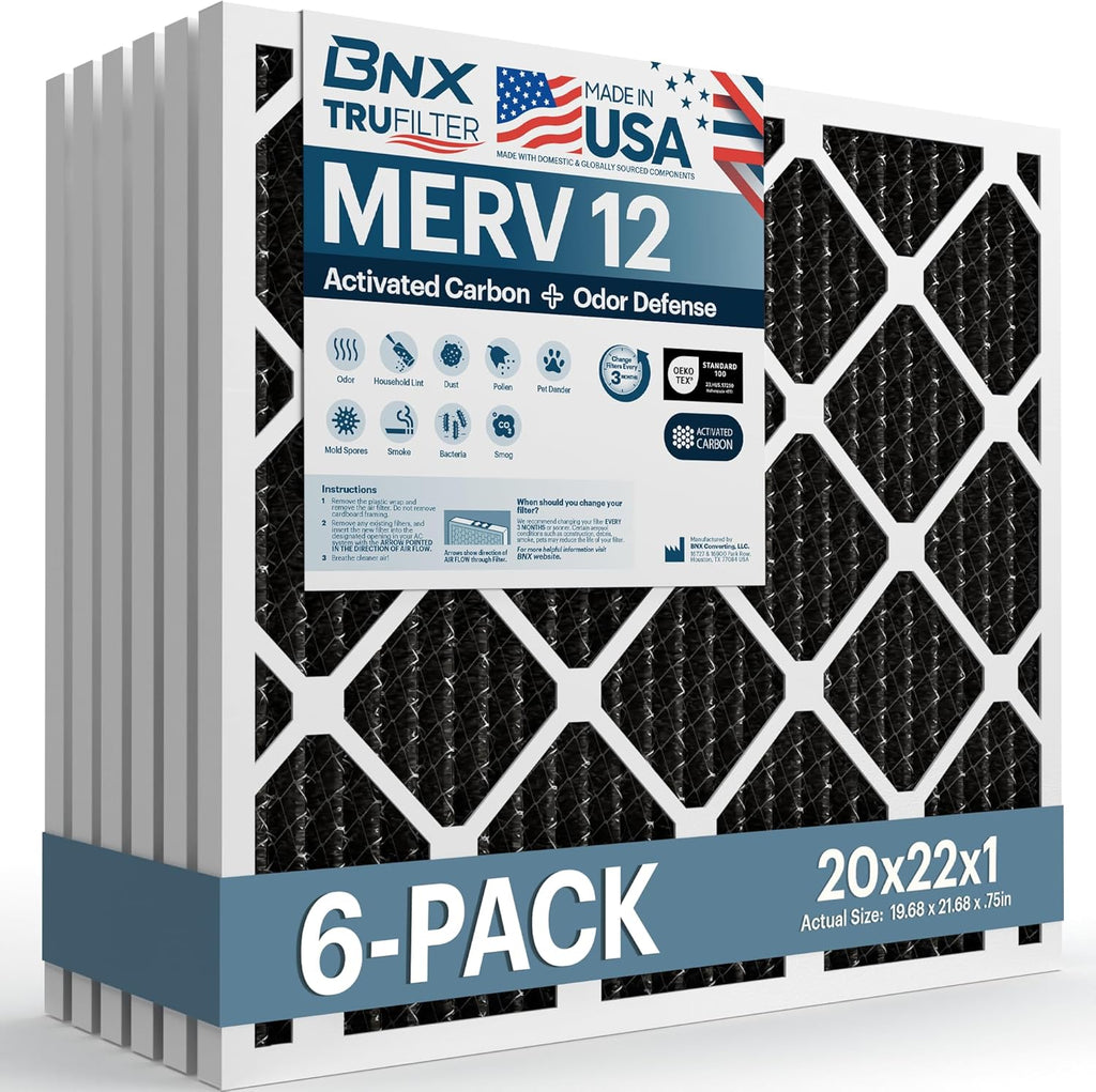 BNX TruFilter 20x22x1 MERV 12 Odor Defense (6-Pack) AC Furnace Air Filter with Activated Carbon - MADE IN USA - Pleated Air Conditioner HVAC AC Furnace Filters - Removes Odor, Mold, Bacteria, Smoke
