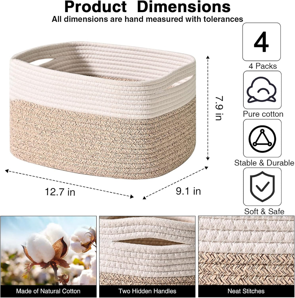 Small Storage Baskets for Organizing, Woven Storage Baskets for Shelves, Cotton Rope Basket for Storage, Cute Rectangular Book Toy Basket, 12.7"×9.1"×7.9", 4 Packs, Off White & Brown