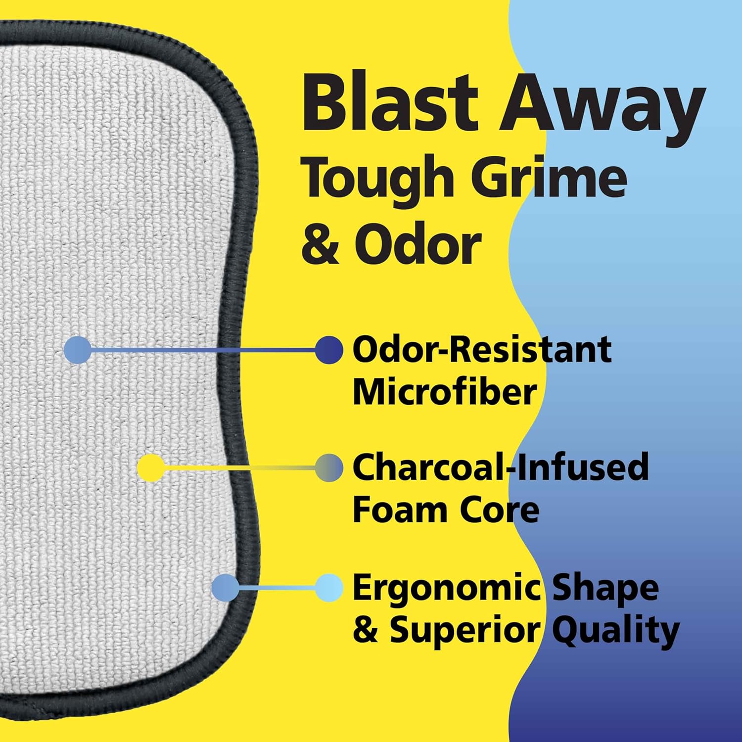 Fresh Scrub-N-Wipe Pad by Tuff-Scrub, 6-Pack, Antimicrobial & Charcoal Foam for Odor Control, Microfiber, Multi-Surface, Non-Scratch, Dual-Sided, Machine Washable, Kitchen Sponge (Large)