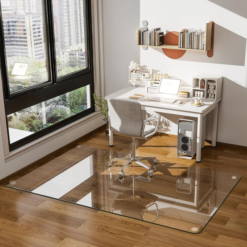 GLSLAND 36"x55" Tempered Glass Chair Mat Rectangle Heavy-Duty Floor Protector for Carpet & Hard Floors Scratch-Resistant Office Computer Desk Mat 1/5" Clear