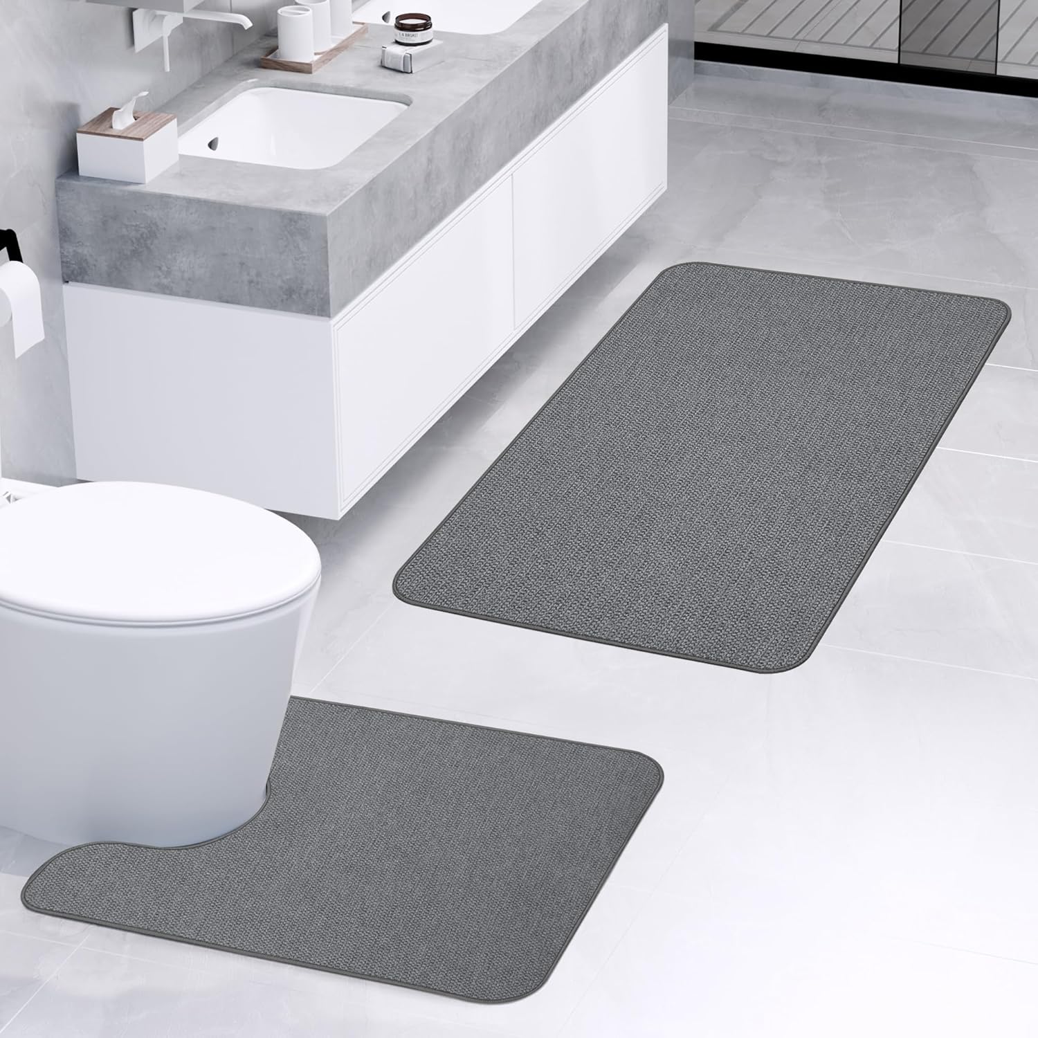 Bathroom Rugs Set 2 Pieces,Thin Bathroom Mats,Toilet Rugs,Quick Dry,Non-Slip,Machine Washable,Low Pile,Absorbent Bath Mats,Shower,Sink,Home Decor Accessories.Dark Grey,1'5"x2'3"+1'8"x2" U Shape