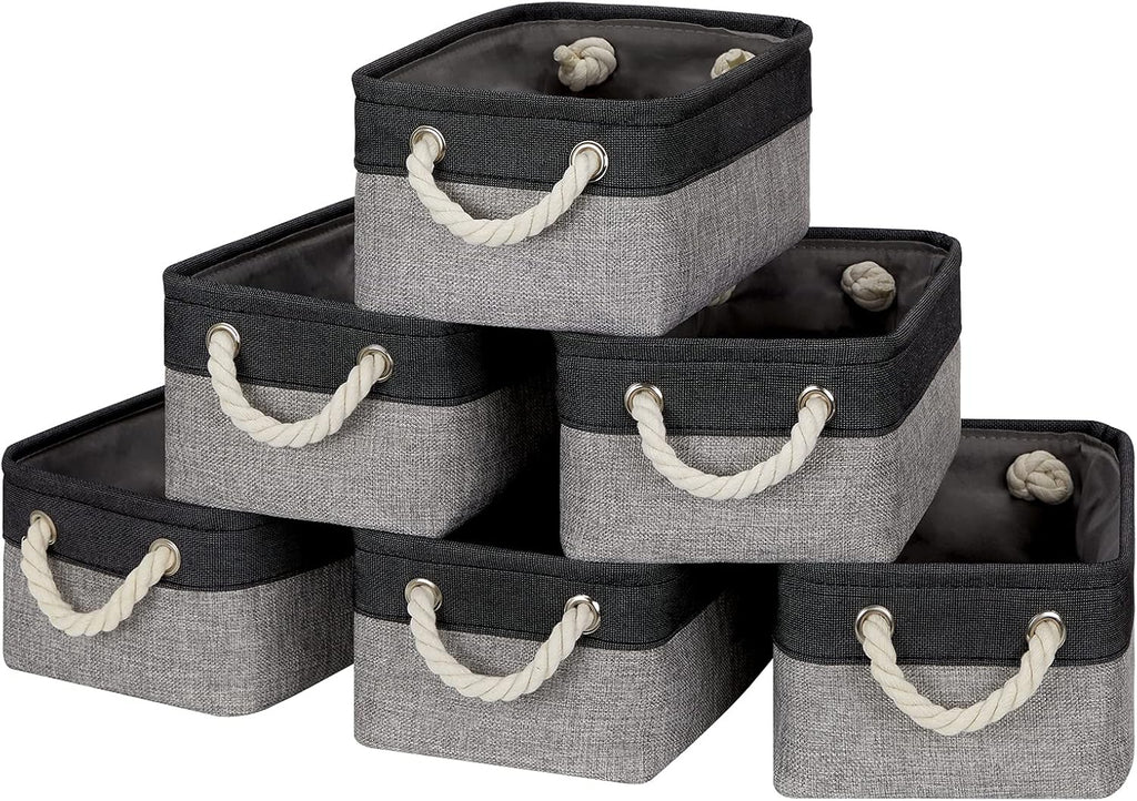 Temary Fabric Storage Baskets 6 Pcs Small Cloth Basket for Shelves Collapsible Decorative Storage Organizer Small Canvas Storage Bins with Handles (Black,11.8L x 7.9W x 5.3H inches)