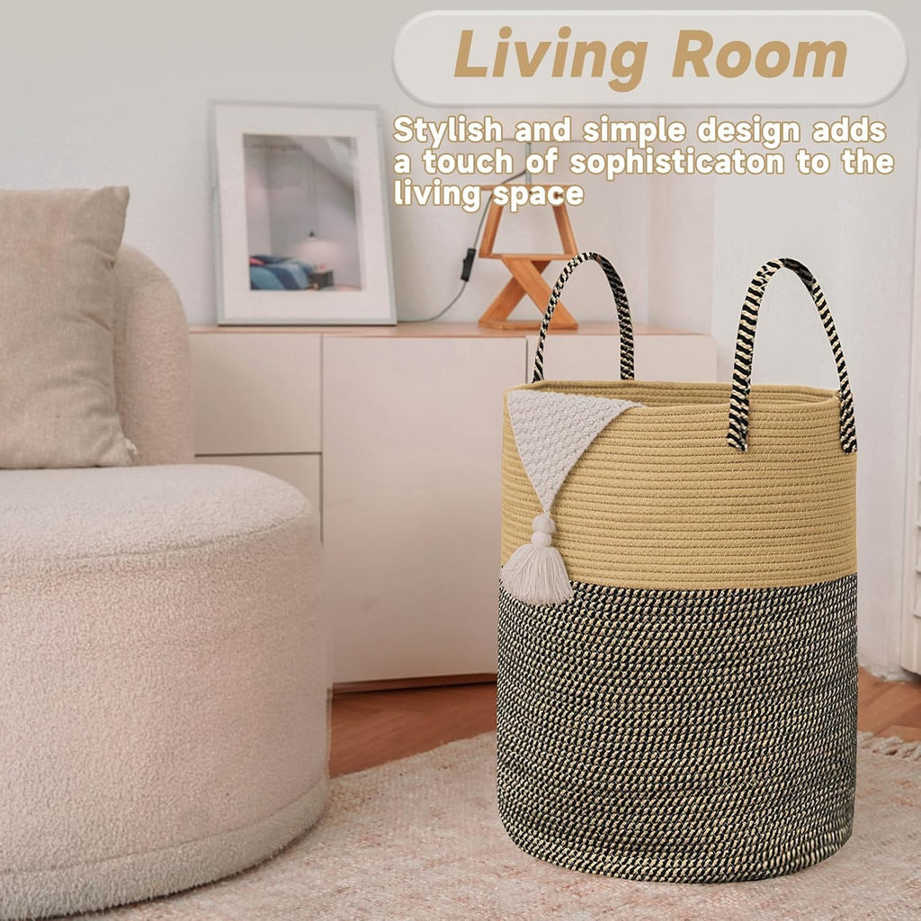 Large Woven Laundry Basket Hamper,60L Cotton Rope Storage Bin for Blankets,Toys and Clothes,Decorative Tall Nursery Hamper for Living Room,Baby Nursery,Bathroom and Bedroom,Brown and Black