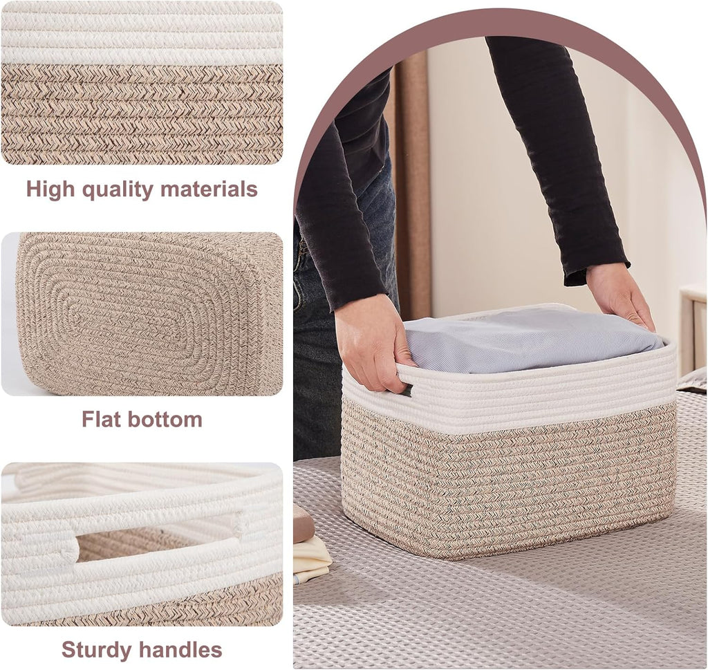 OIAHOMY 4 Pack Storage Baskets for Organizing, Basket for Shelves with Handle, Woven Baskets for Storage Toys, Towels, Books, Cotton Rope Basket 13" L x 9 " W x 7.8 " H, Brown & White