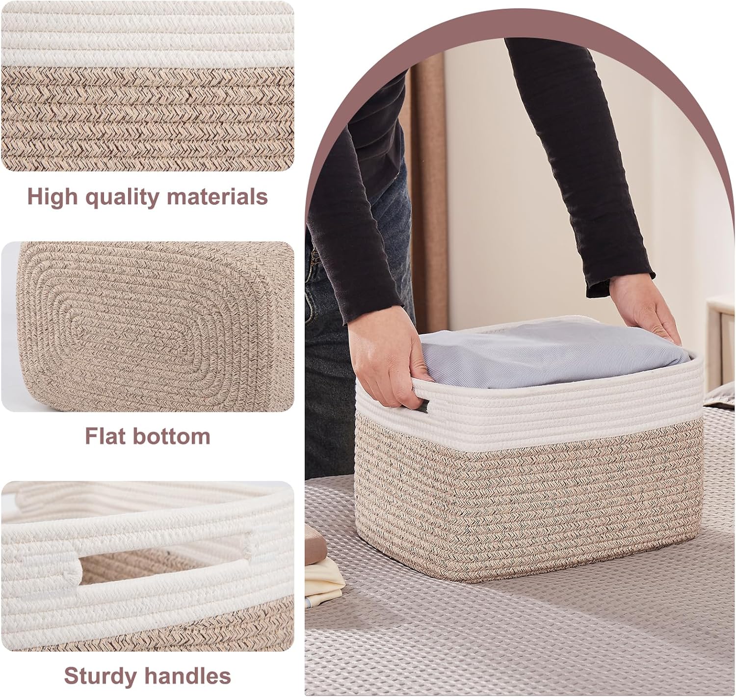 OIAHOMY 4 Pack Storage Baskets for Organizing, Basket for Shelves with Handle, Woven Baskets for Storage Toys, Towels, Books, Cotton Rope Basket 13" L x 9 " W x 7.8 " H, Brown & White