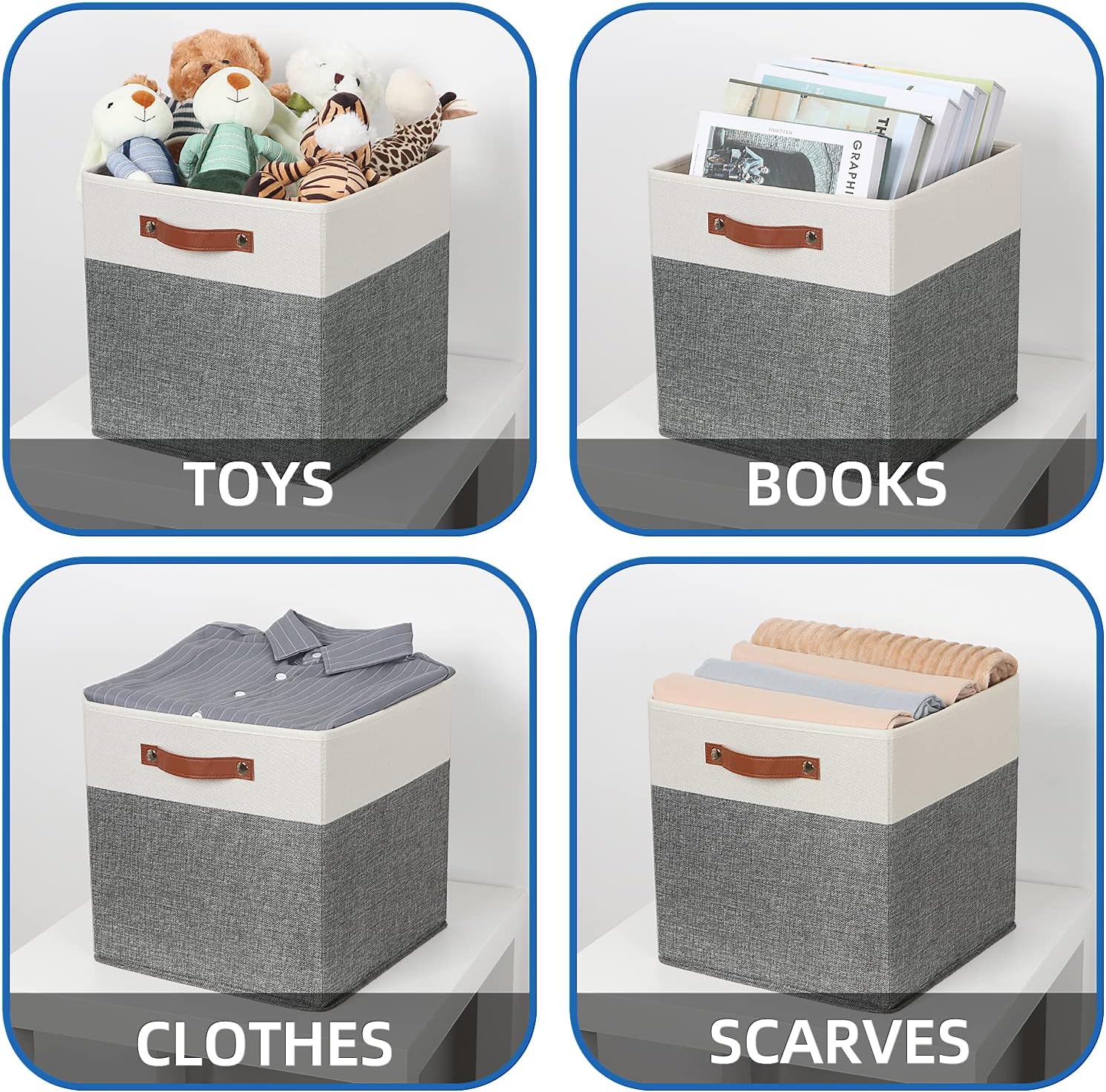 Temary 13x13 Storage Cubes 4 Pack Fabric Cube Storage Bins Large Storage Baskets with Leather Handles, Decorative Storage Boxes for Organizing Closet, Clothes, Foldable Cloth Baskets for Shelves
