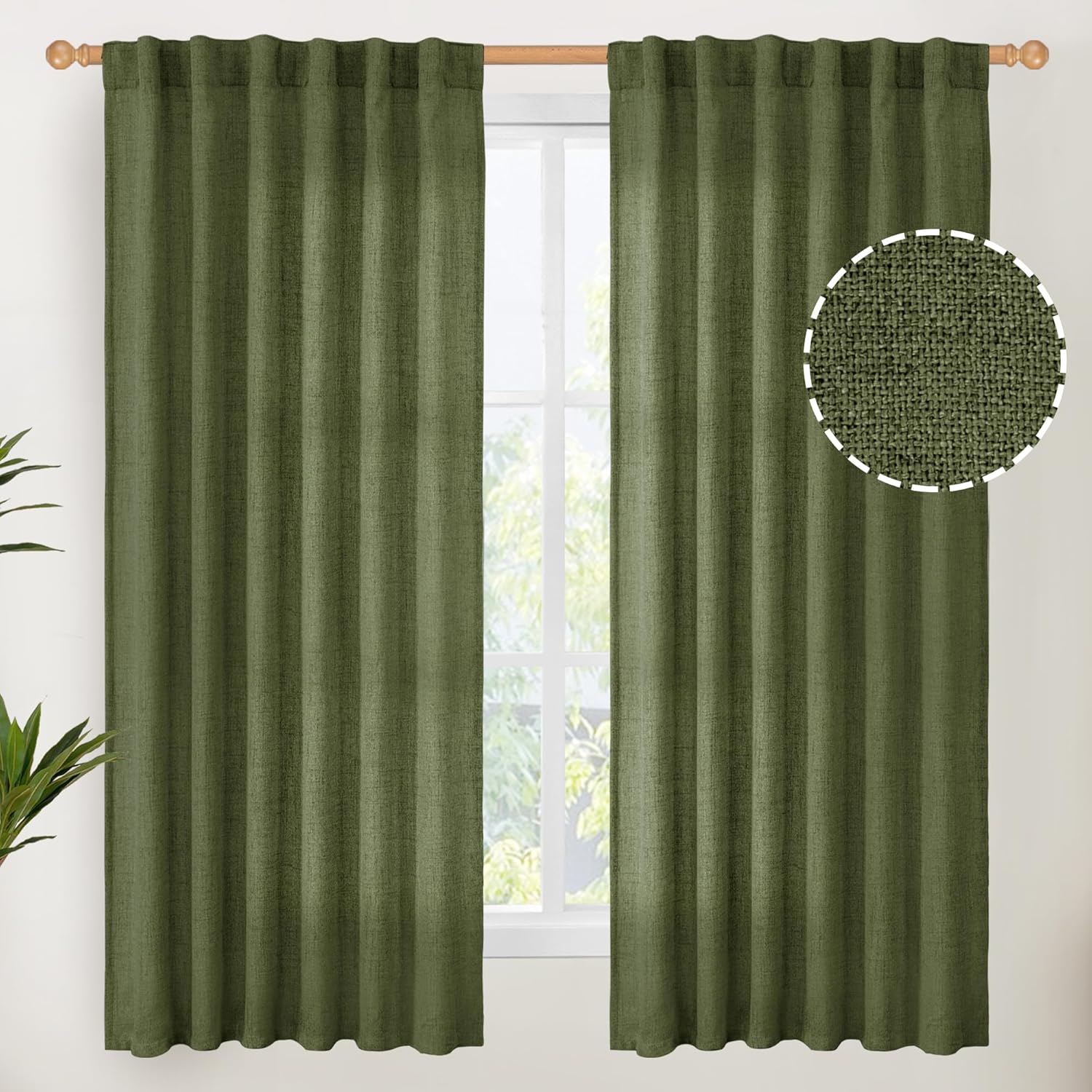 YoungsTex Olive Green Linen Curtains 63 Inch Length for Living Room, Light Filtering Textured Drapes with Rod Pocket/Back Tab Semi Sheer Window Treamtments for Bedroom, 2 Panels, 52 X 63 Inch