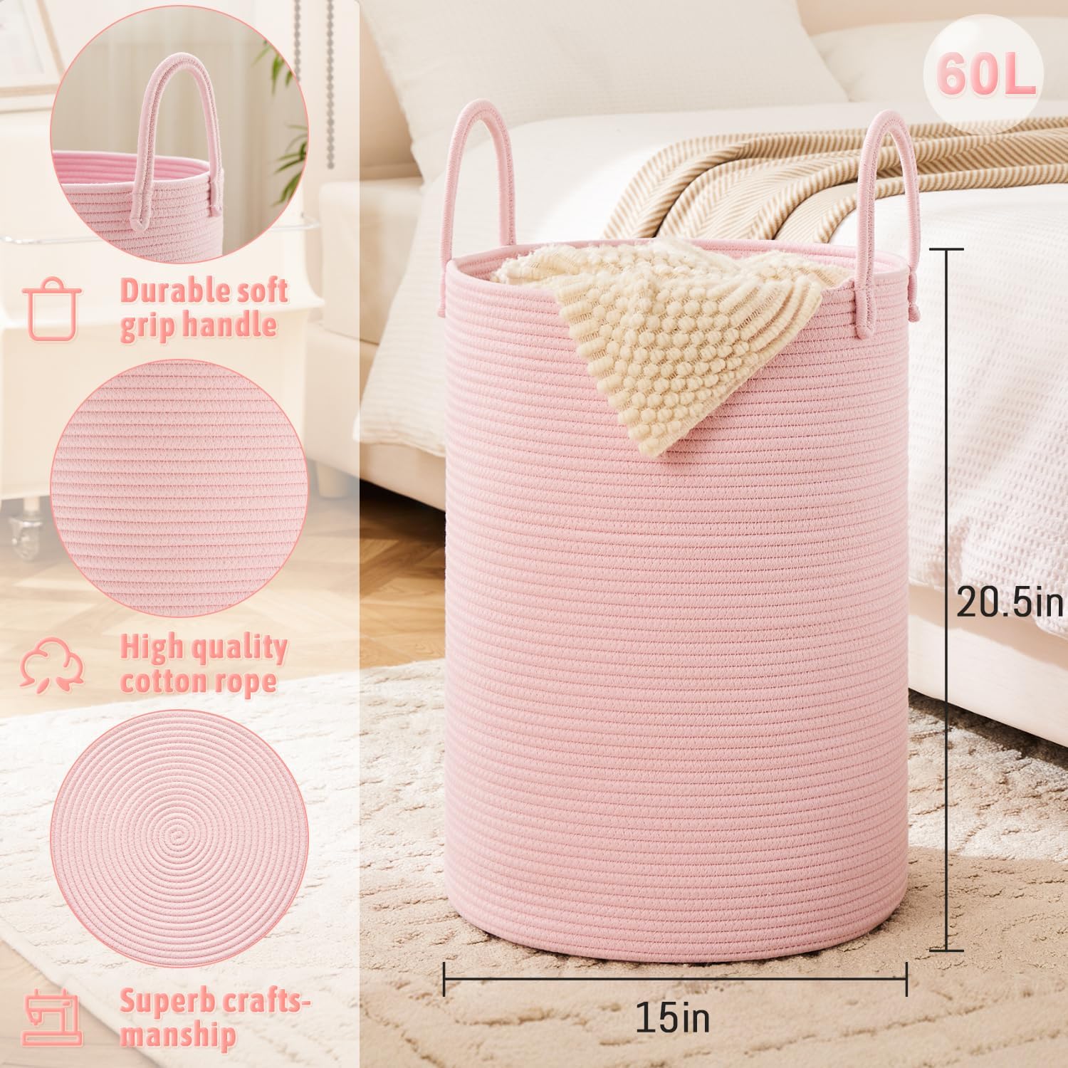 Laundry Basket,Woven Cotton Rope Laundry Hamper,60L for Decorative Storage of Dirty Clothes,Toys and Blankets in Bathroom,Baby Room and Living Room