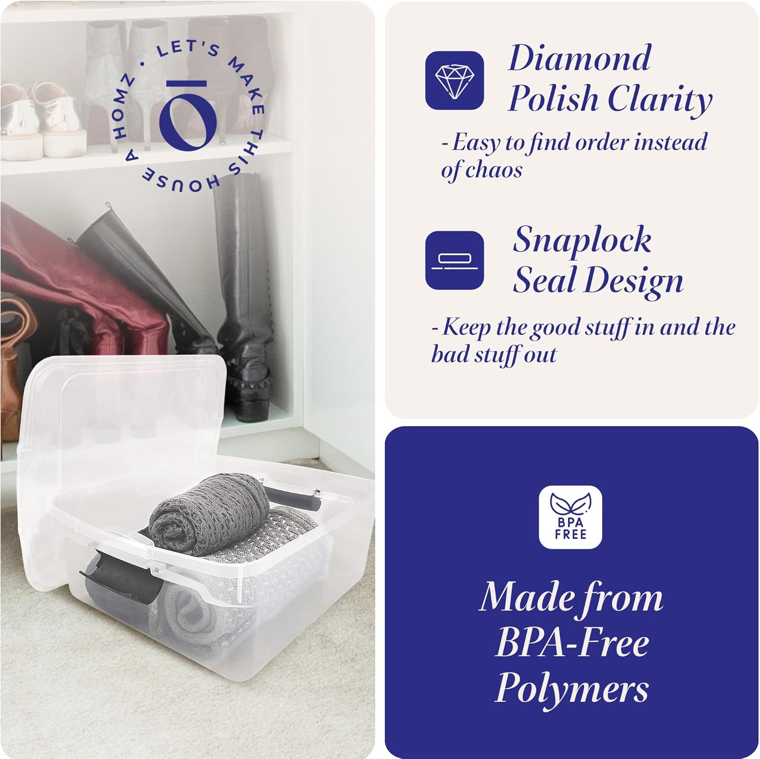 HOMZ 4-Pack Latching Lid, Clear Plastic Storage Organizer Bins, 15.5 Quart, Gray Latch - Stackable Organizing Containers for Home, Garage, and Office