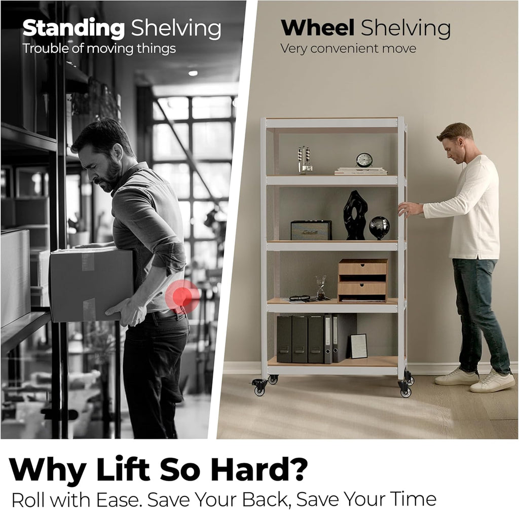 HOMEDANT House White 5-Tier Metal Rolling Cart Shelf Rack Casters Heavy Duty Wheel Shelving Unit Adjustable Utility Storage Shelves Organizer Shelf Kitchen Garage 24.4" W x 16.5" D x 62.2" H 4Pack