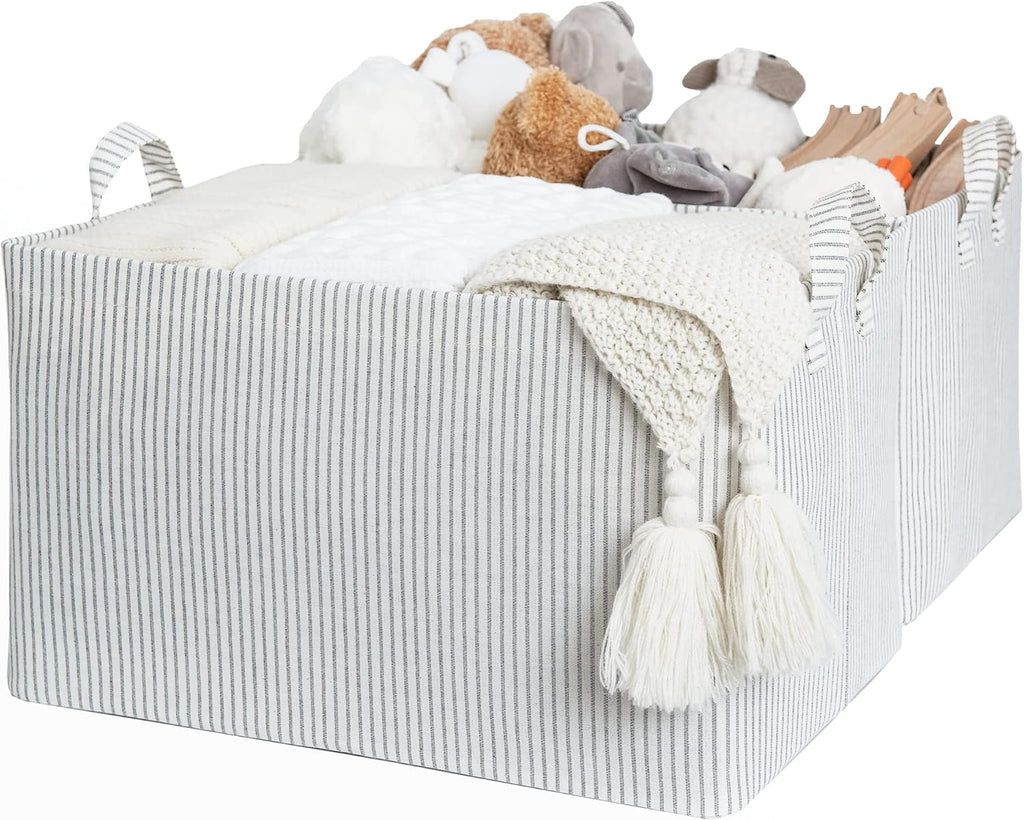 StorageWorks 45L Large Storage Bins for Closet and Shelves, Fabric Organizer Baskets with Metal Frame for Clothes, Towels, Collapsible Storage Basket, Gray and White Stripes, 2-Pack