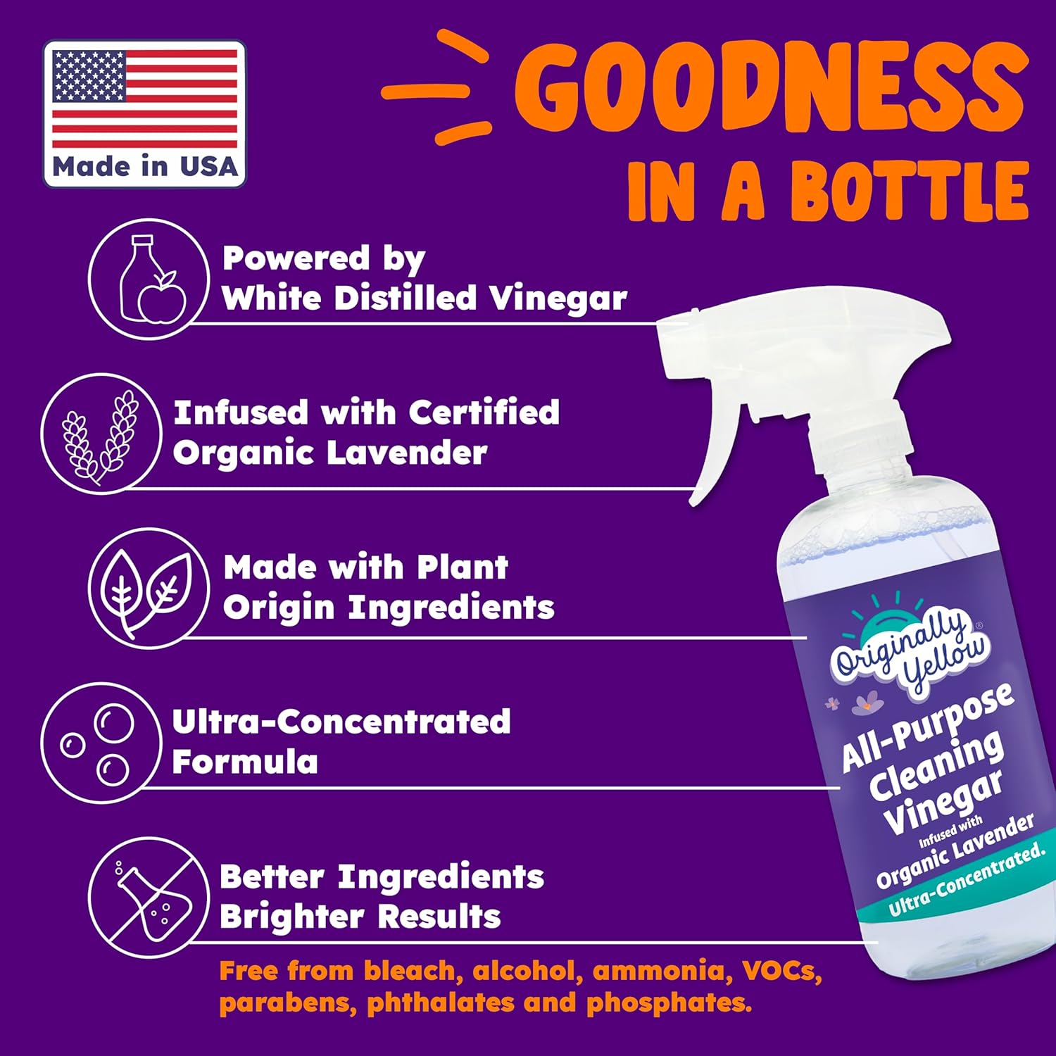 Originally Yellow Lavender Vinegar All Purpose Cleaning Spray | Distilled Cleaning Vinegar For Every Room In the House | Plant-Derived All Purpose Cleaner | Living Room, Bathroom, & Kitchen | 3 Pack