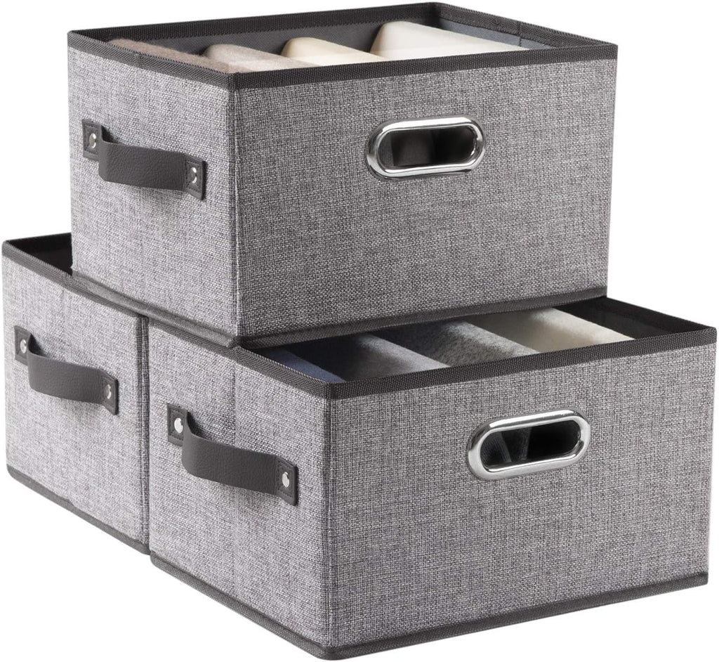 PRANDOM Fodable Storage Bins for Closet [3-pack] Decorative Fabric Storage Baskets Cubes with Leather/Metal Handles for Shelves Bedroom Living Room Grey (11.5x8.5x6.7 Inch)