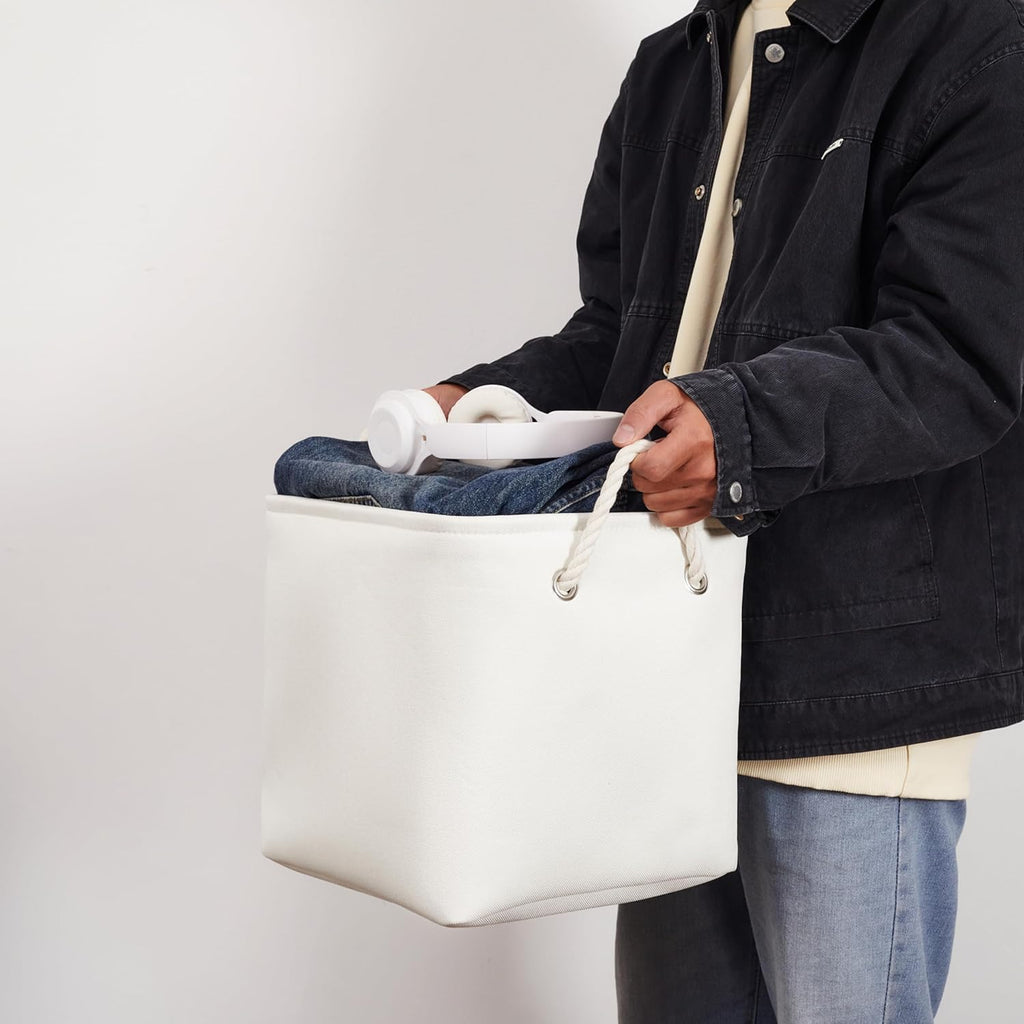 11 x 11 Inch Storage Cubes, 6 Pack Large Collapsible Fabric Storage Bin with Ropes, Foldable Storage Cubes for Home, Office,Closet, Clothes, Toys Organizer (White)