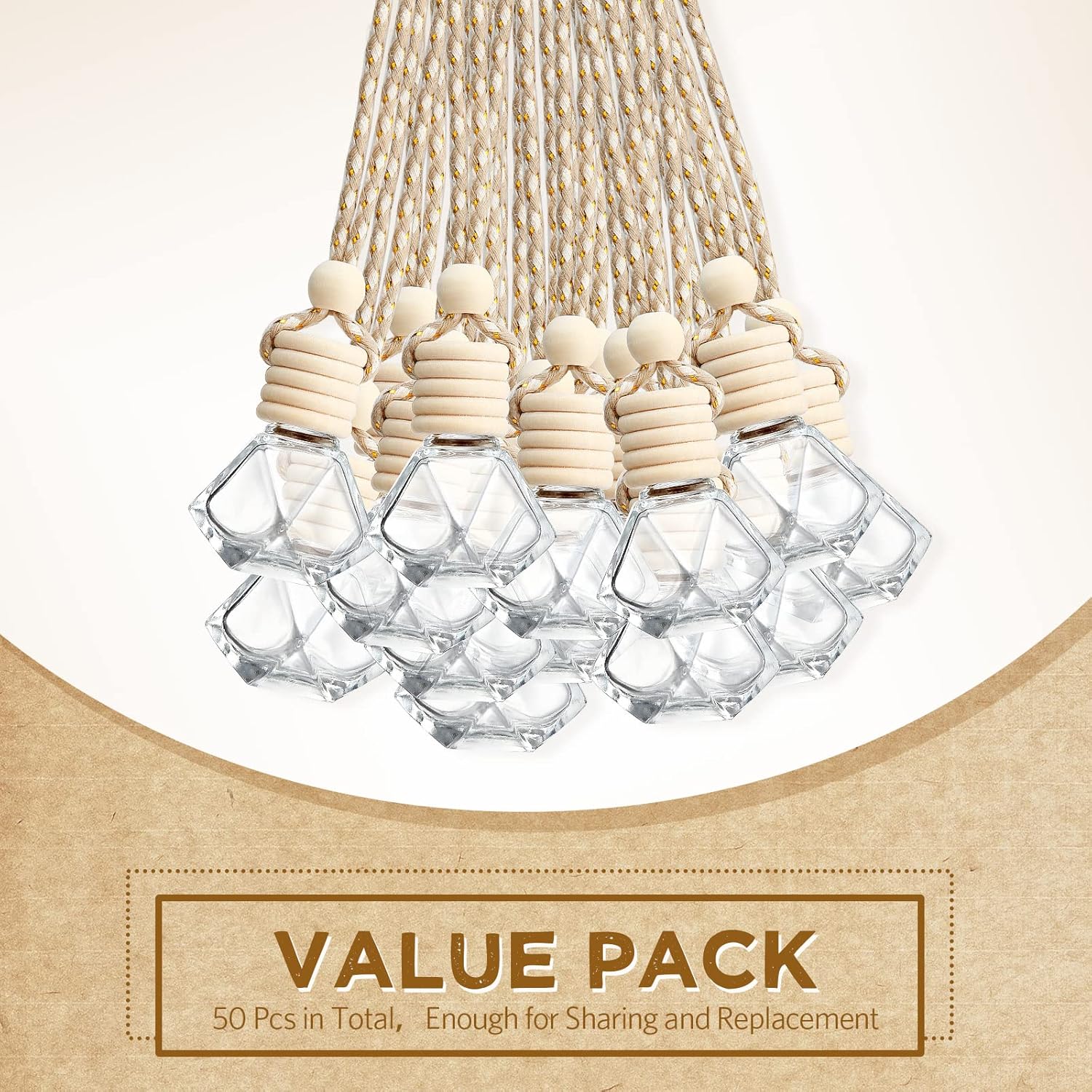 BBTO 50 Pcs Hanging Car Air Freshener Car Diffuser Bottles Empty Glass Perfume Bottle Freshener Diffuser Bottle Pendant for Essential Oil Fragrance Aromatherapy Bottle Ornament(Rhombus)