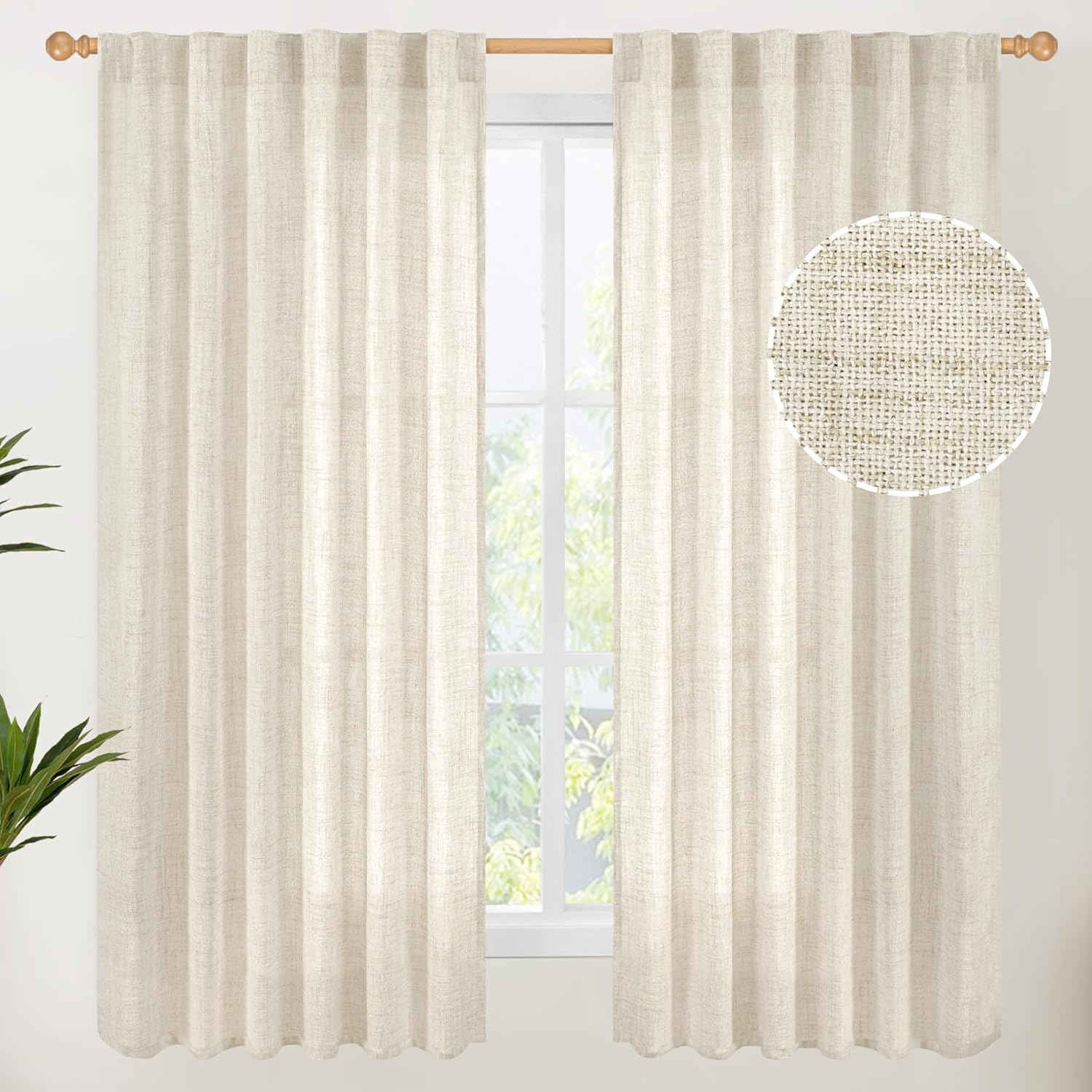 YoungsTex Boho Linen Curtains 63 Inch Length 2 Panels for Living Room - Cream Semi Sheer Window Drapes Light Filtering with Back Tab Rod Pocket Rustic for Country Bedroom, 52 X 63 Inch