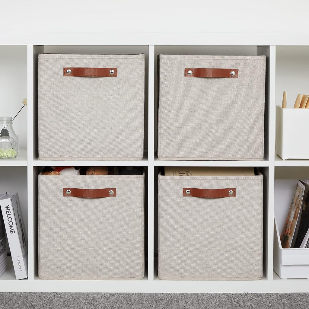 DULLEMELO 12inch Cube Storage Baskets for Shelves Closet Storage,Sturdy Home Organization Bins for Gifts Empty,Foldable Fabric Storage Cubes Baskets for Nursery Toys Clothes Storage(Beige-4 Pack)