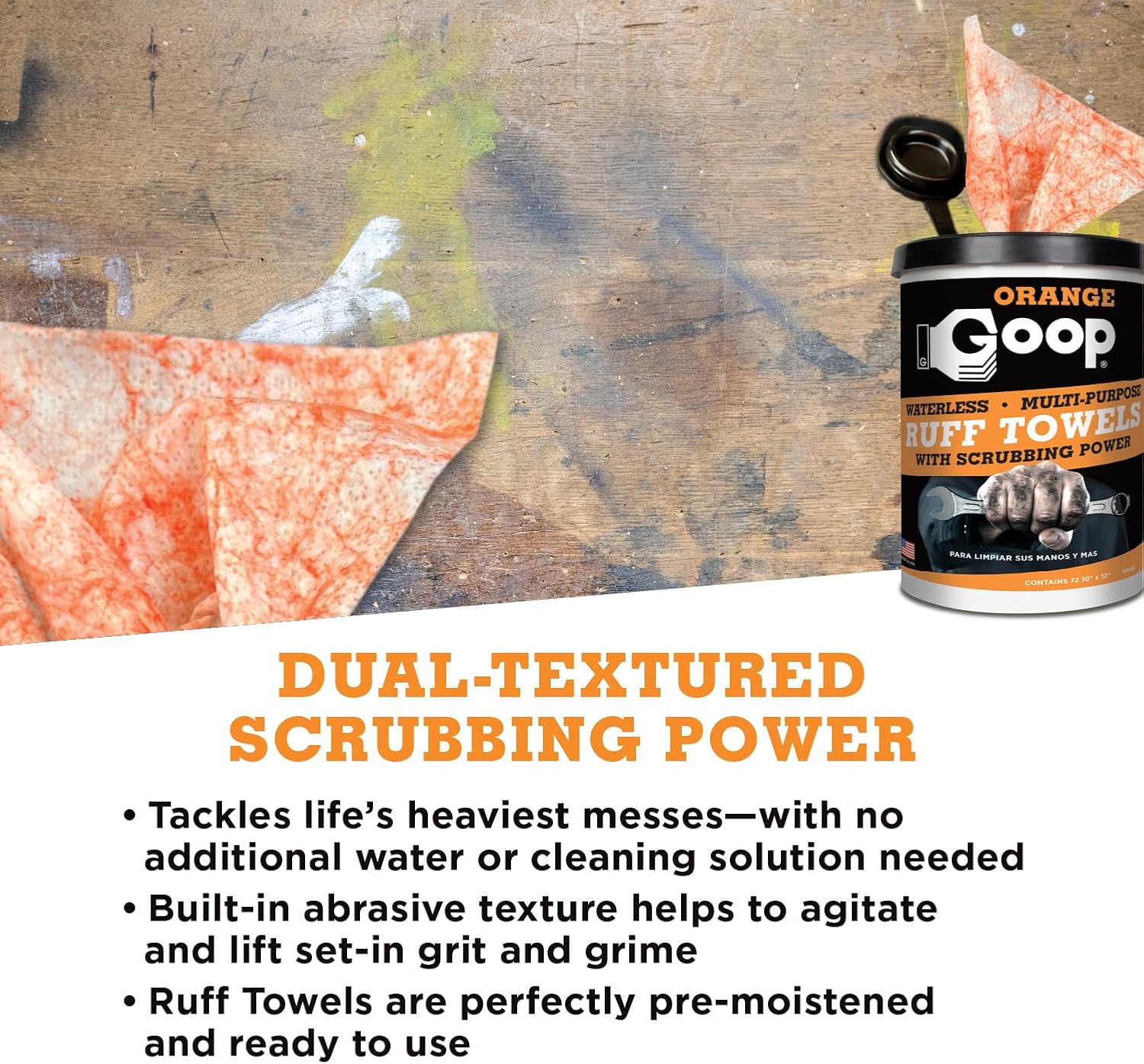 GOOP Orange Heavy Duty Ruff Towels with Scrubbing Power, 10” x 12” Dual Textured Multi-Purpose Cleaning Wipes, Removes Dirt, Grease, Oil, 72 Count