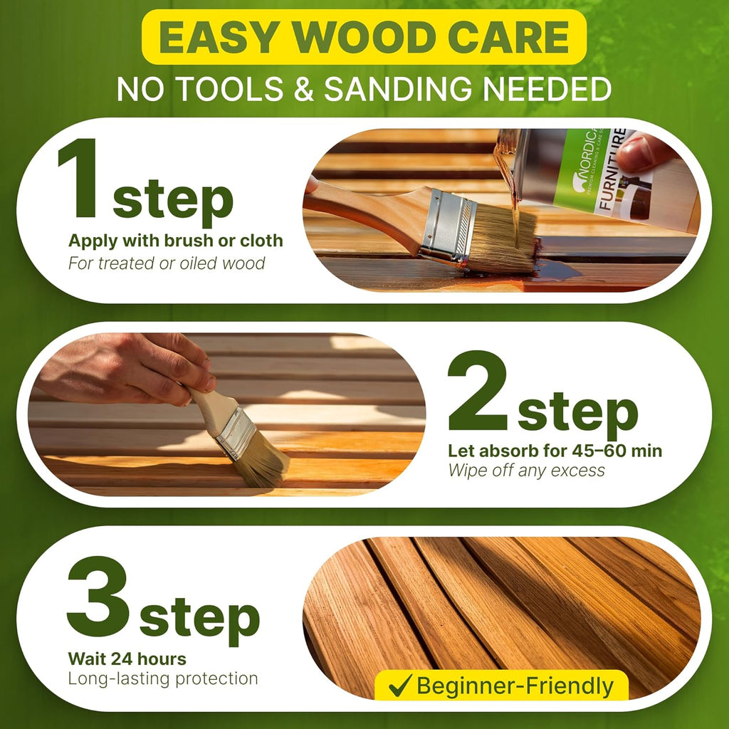 Nordicare Wood Oil Colorless - Premium Walnut Oil, Teak Oil, Wood Oil Furniture for Oak, Beech, Teak, Walnut, Pine, Larch - Natural Furniture Wood Oil - Made in Denmark - for Indoor Use (34 oz)