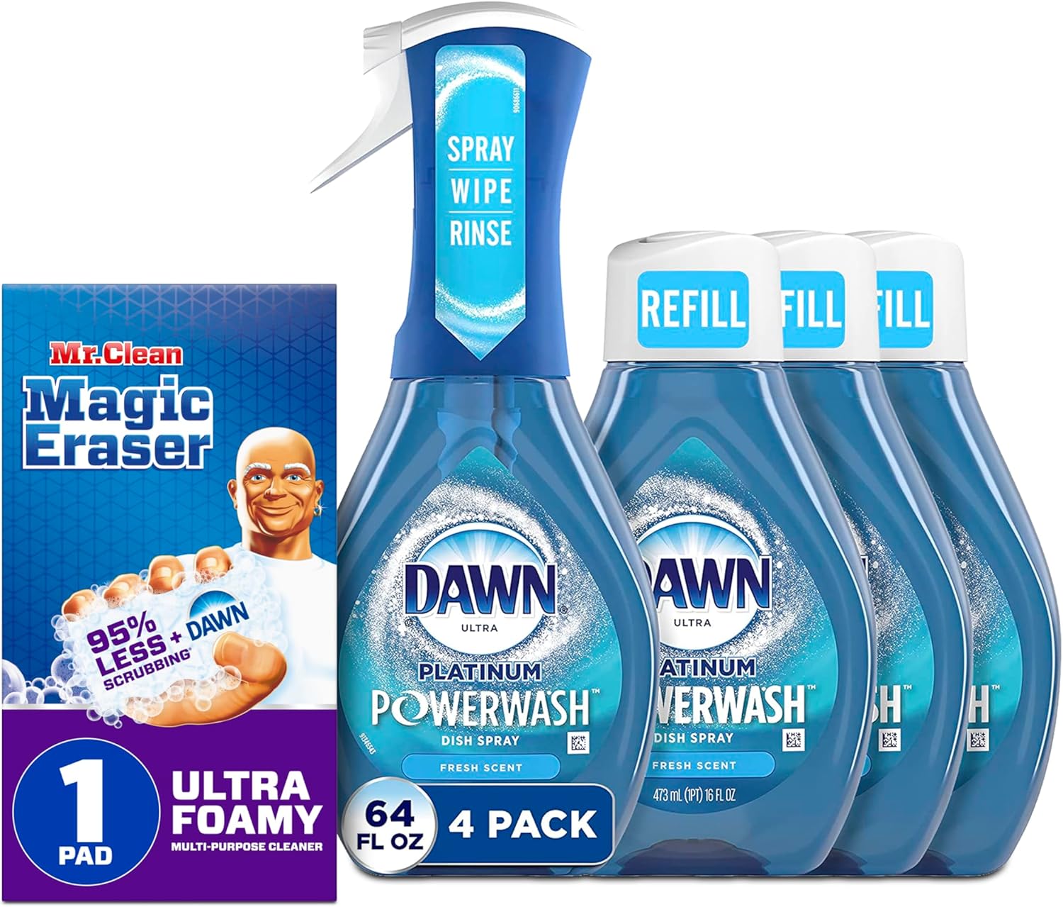 Bundle of Dawn Platinum Powerwash Dish Spray, Dish Soap, Fresh Scent Bundle, 1 Spray (16oz) + 3 Refills (16oz each)(Pack of 4) + Mr. Clean Magic Eraser Ultra Foamy Multi Purpose Cleaner, 1ct
