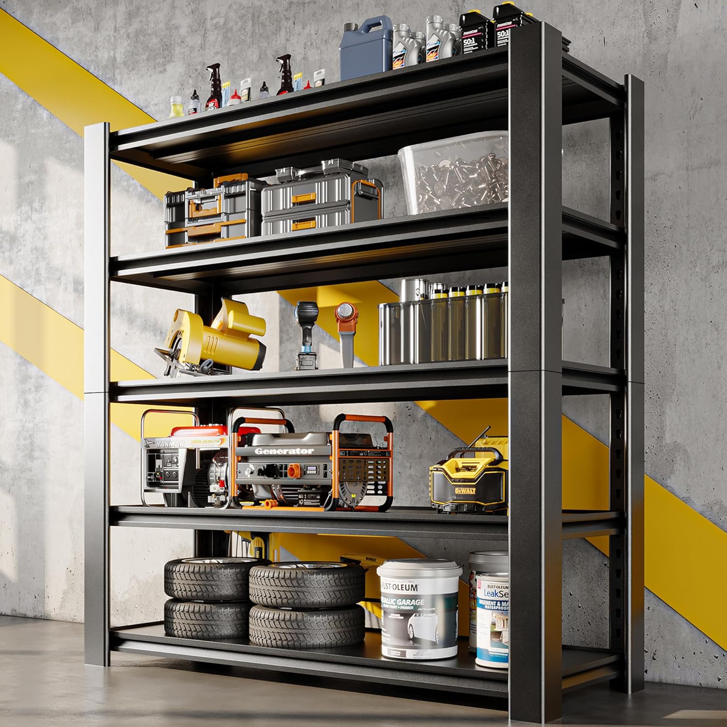 47.8" W Heavy Duty Garage Shelving 3000LBS Storage Shelves, Adjustable 5-Tier Storage Rack, Metal Shelves for Garage/Warehouse/Basement, 47.8" W x 19.8" D x 72" H, Black