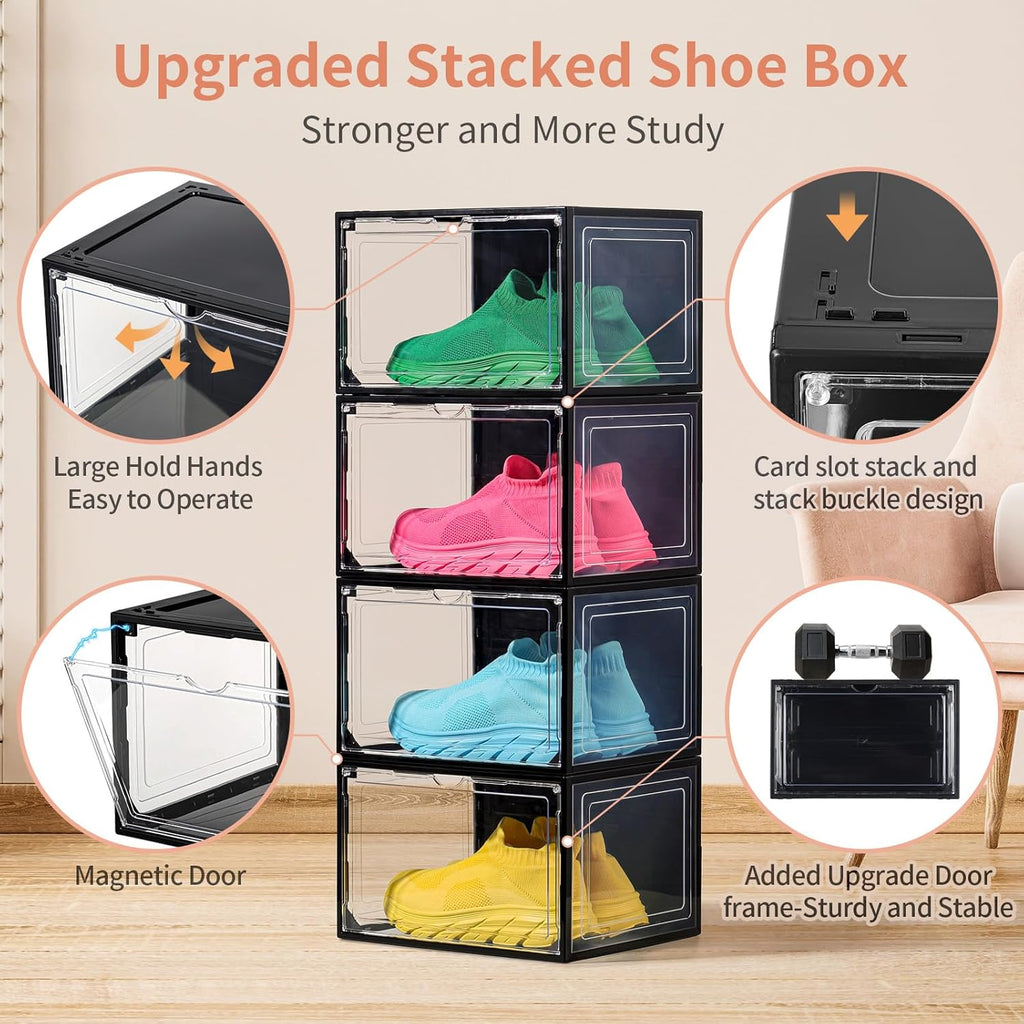 12 Pack Black Shoe Boxes Stackable,Large Shoe Storage Organizer with Magnetic Door,Drop Side Shoe Containers for Entryway,Sneaker Storage Fit up to US Size 12 for Men/Women(13’’x 10.62”x 8.26”