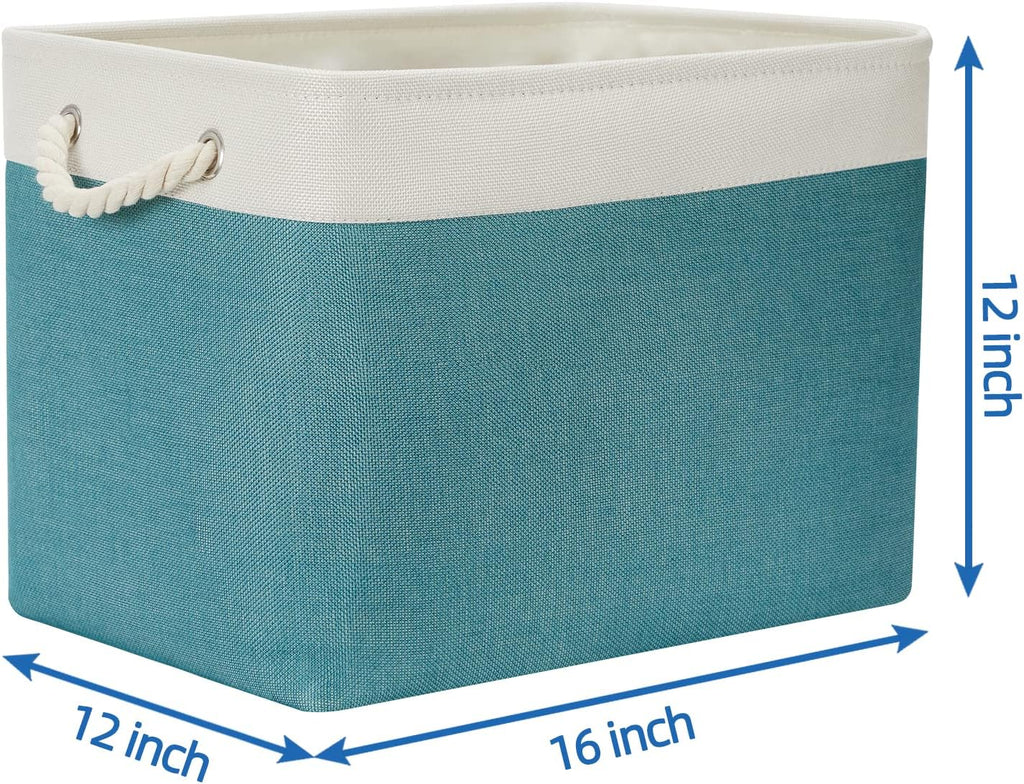 Temary Fabric Baskets Storage Baskets for Organizing 2 Pcs Decorative Baskets for Gifts Empty Collapsible Storage Bins for Home Closet(White&Teal,16Lx12Wx12H Inches)