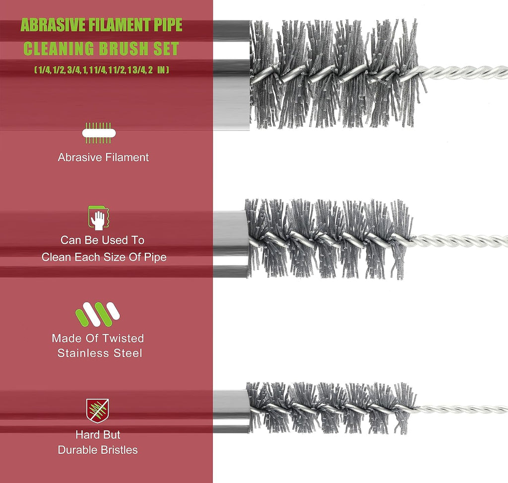 16 Inch Extra Long Pipe Cleaning Brush Set Abrasive Filament, 8 Piece Variety Pack for Removal of Rust, Corrosion, Paint, Etc.
