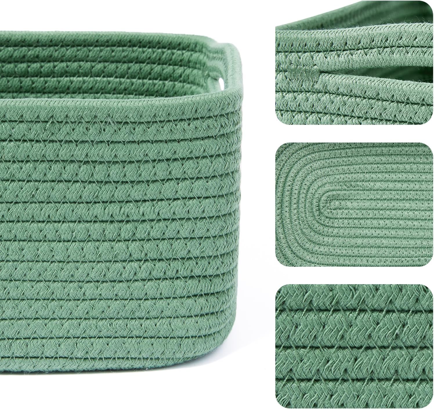 Small Storage Baskets for Organizing | Closet Organizer Bins | Shelf Toy Basket | Woven Rope Baskets | Cube Decorative Box | Shallow Basket | 13x8.5x5.1” | 3 Packs Green