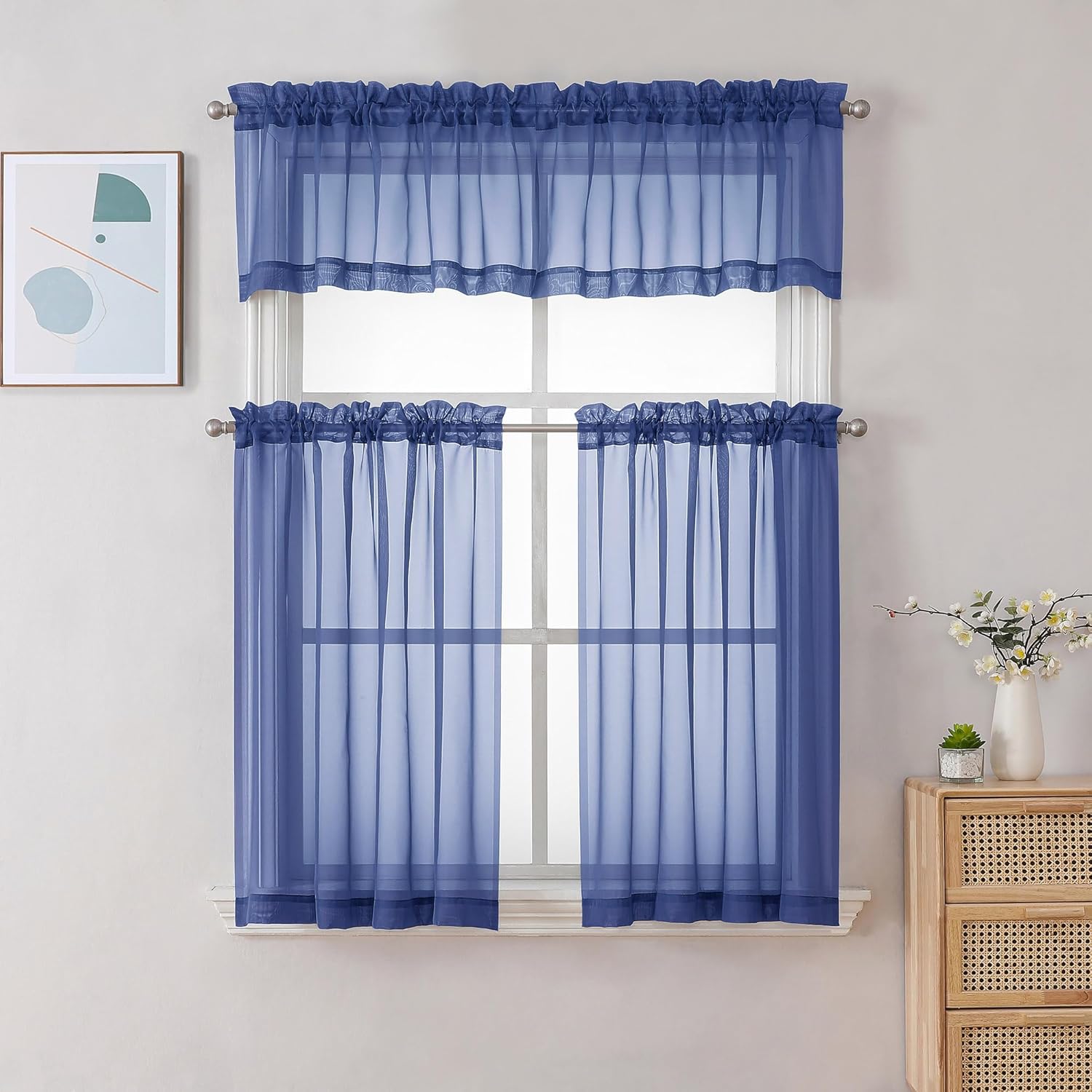 Chyhomenyc Sheer Valances for Windows 2 Pack, Small Window Curtains for Living Room Bathroom Laundry Basement, Modern Top Dual Rod Pocket Voile Curtain, 42W x 14L inches, 2PCS, Royal Blue