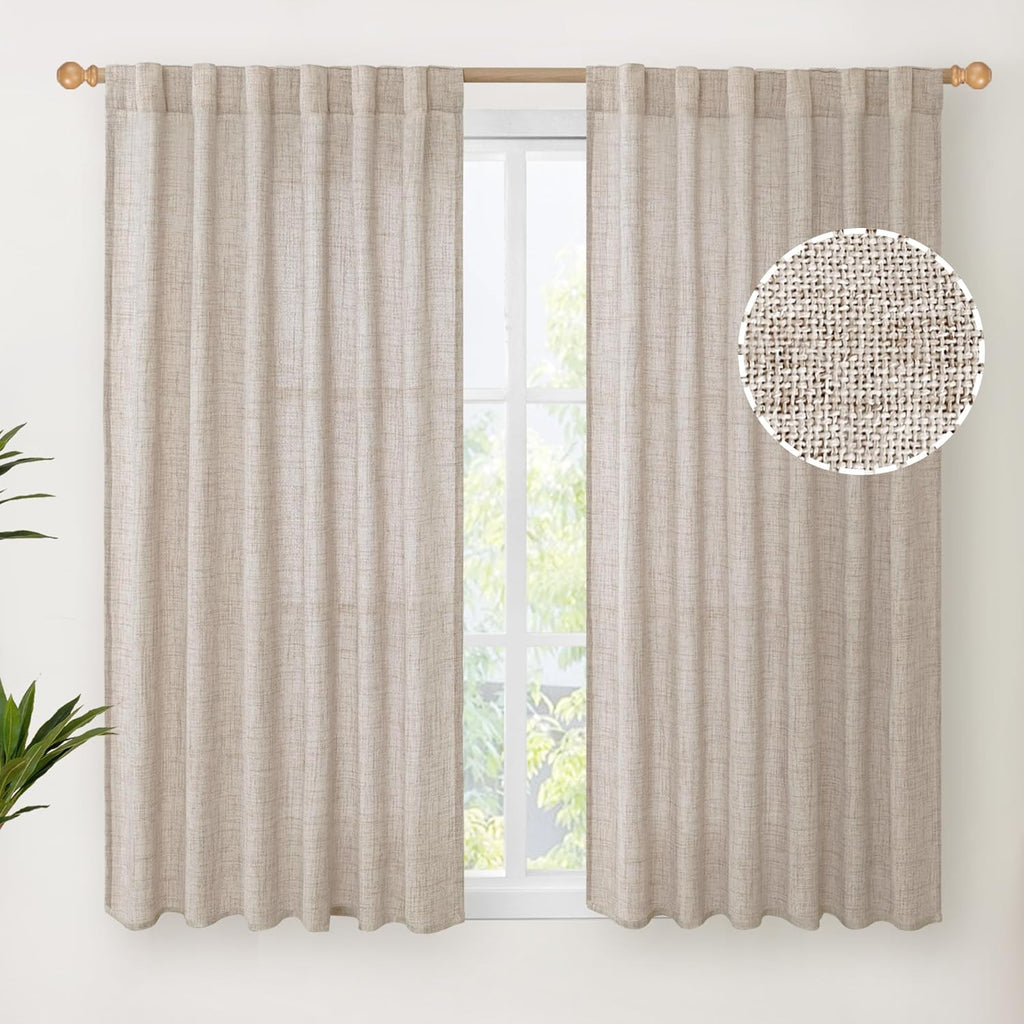 YoungsTex Natural Linen Curtains 45 Inch Length for Kitchen Bathroom Window, Burlap Semi Sheer Drapes with Rod Pocket Back Tab Light Filtering for Cafe Bedroom Counrty, 52 X 45 Inch, 2 Panels