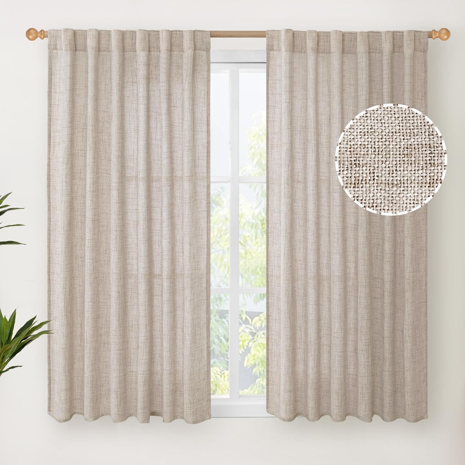 YoungsTex Natural Linen Curtains 45 Inch Length for Kitchen Bathroom Window, Burlap Semi Sheer Drapes with Rod Pocket Back Tab Light Filtering for Cafe Bedroom Counrty, 52 X 45 Inch, 2 Panels