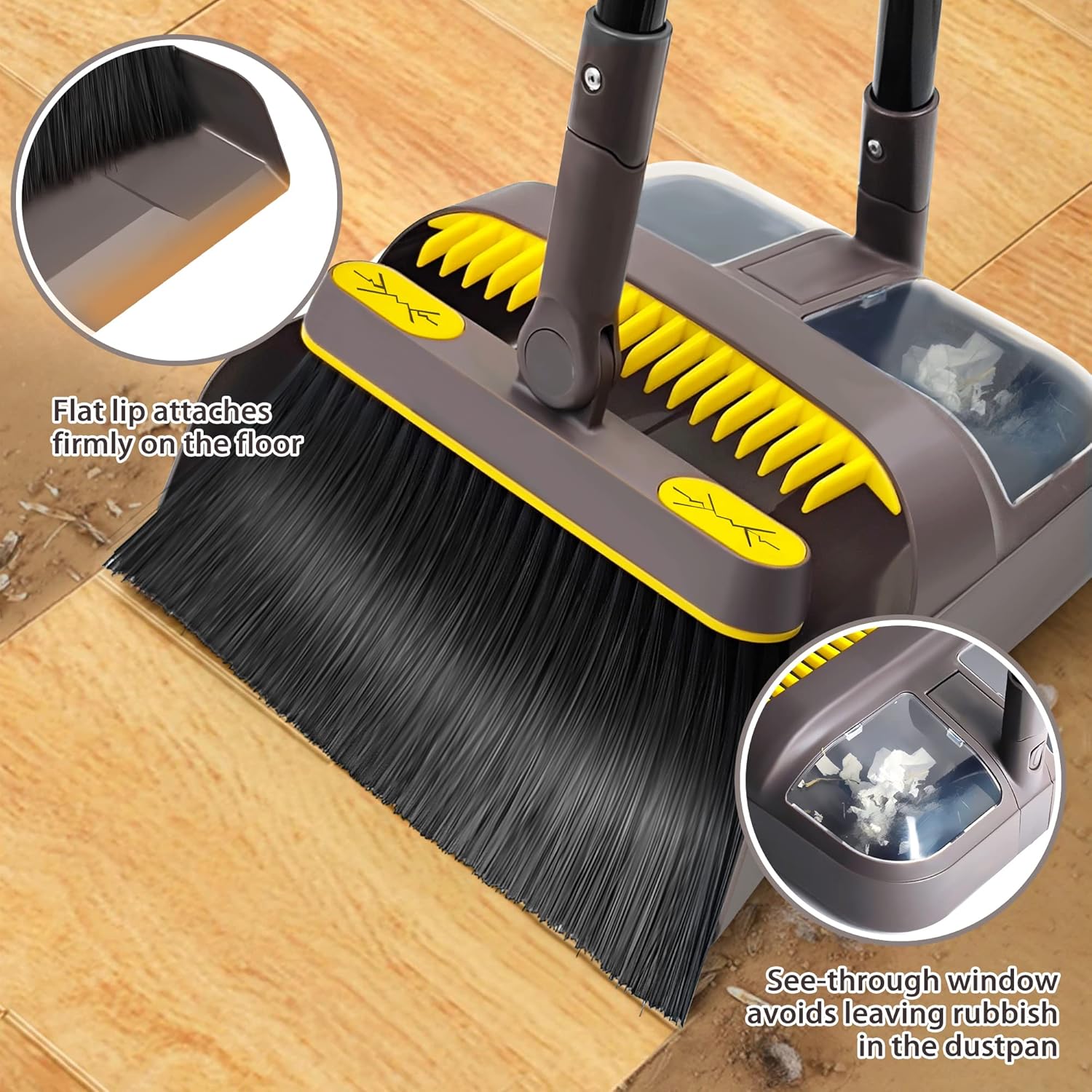 JEHONN Broom with Dustpan Combo Set, Long Handle Lightweight 180 Degree Rotating Sweeping Brush Indoor, Upright Standing Dust Pan with Comb Teeth for Home Room Kitchen Office Lobby (Brown Yellow)
