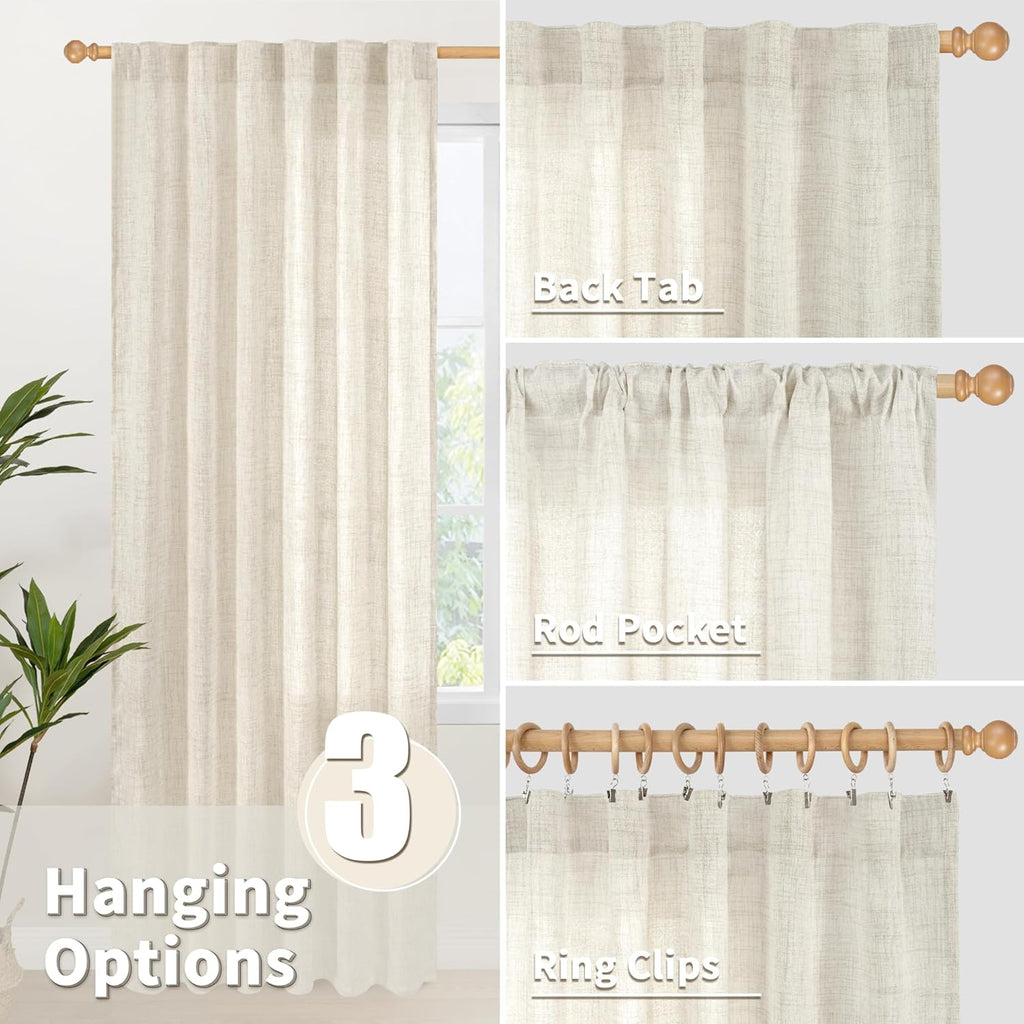 YoungsTex Linen Semi Sheer Curtains 84 Inch Length for Living Room 2 Panels Set - Boho Light Filtering Window Treatments Drapes with Rod Pocket Back Tab for Bedroom Dining, 52 X 84 Inch