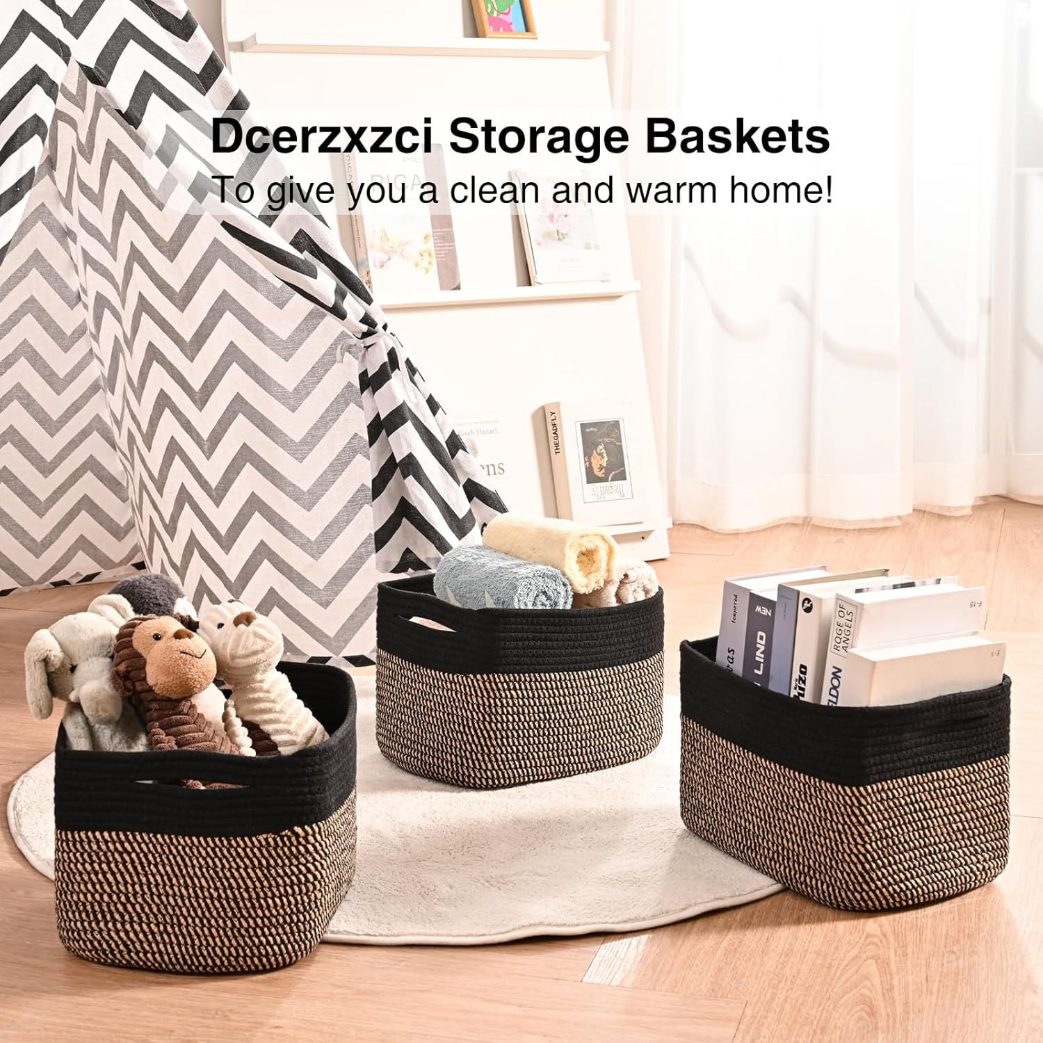 Small Storage Baskets for Organizing Shelves, Cotton Rope Basket for Storage, Cute Rectangular Book Toy Basket, 12.7"×9.1"×7.9", 4 Packs, Black & Jute