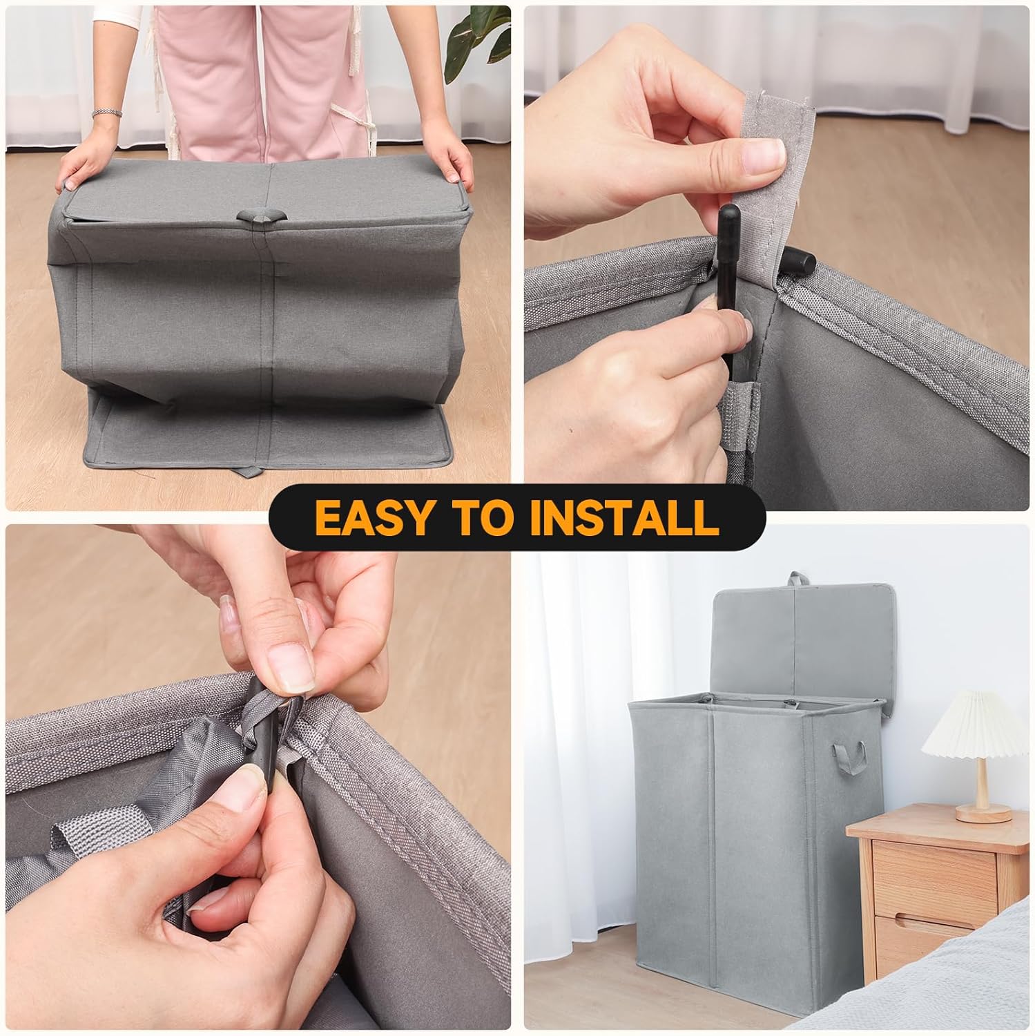 150L Double Laundry Hamper with Lid and Removable Bags,28in Tall Laundry Basket 2 Section,Large Dirty Clothes Hamper 2 Dividers for Bedroom,Laundry Room,Bathroom,Dorm Grey