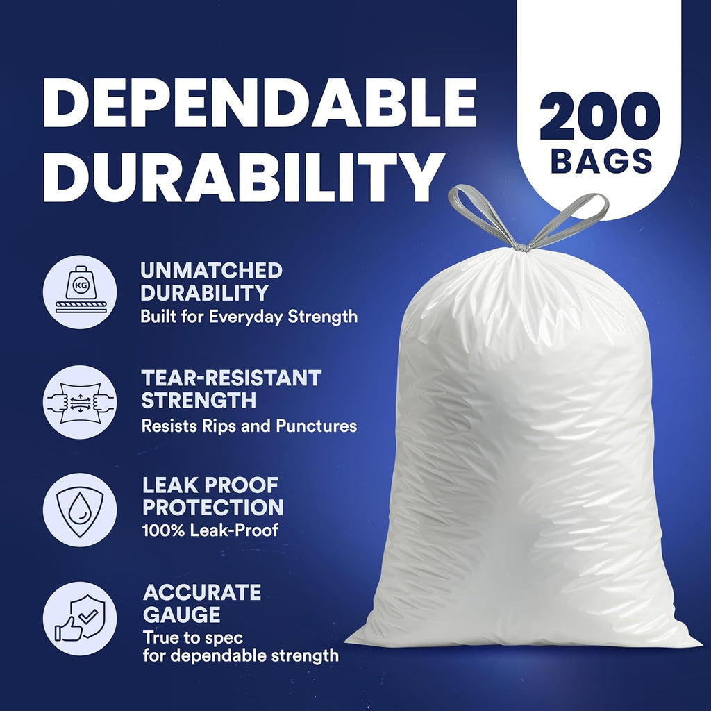 Plasticplace 4 - 6 Gallon White Drawstring Bags, 100% Prime Material, 17x20, 0.7 Mil, 200/Case