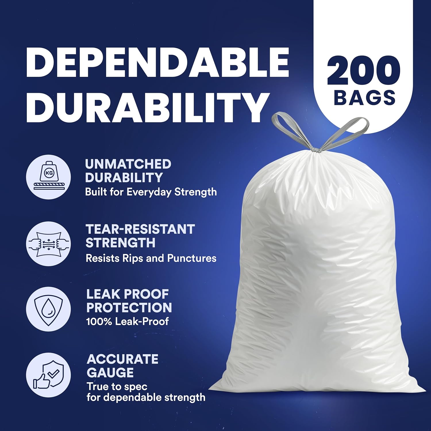 Plasticplace 13 Gallon Trash Bags â”‚ 1.2 Mil â”‚ White Drawstring Garbage Can Liners â”‚ 24" x 31", 200 Count (Pack of 1)