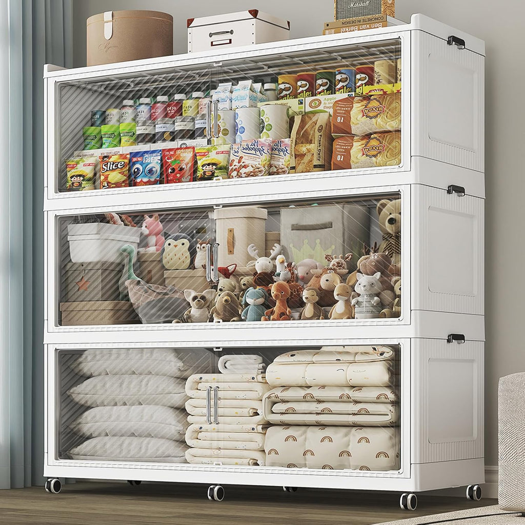 240 Gallon Extra Large Collapsible Storage Bin with Lid, 960QT Stackable Plastic Organizer with 6x Wheels, Foldable Drawer Cabinet for Closet, Living Room Office Dorm 3Pack, White