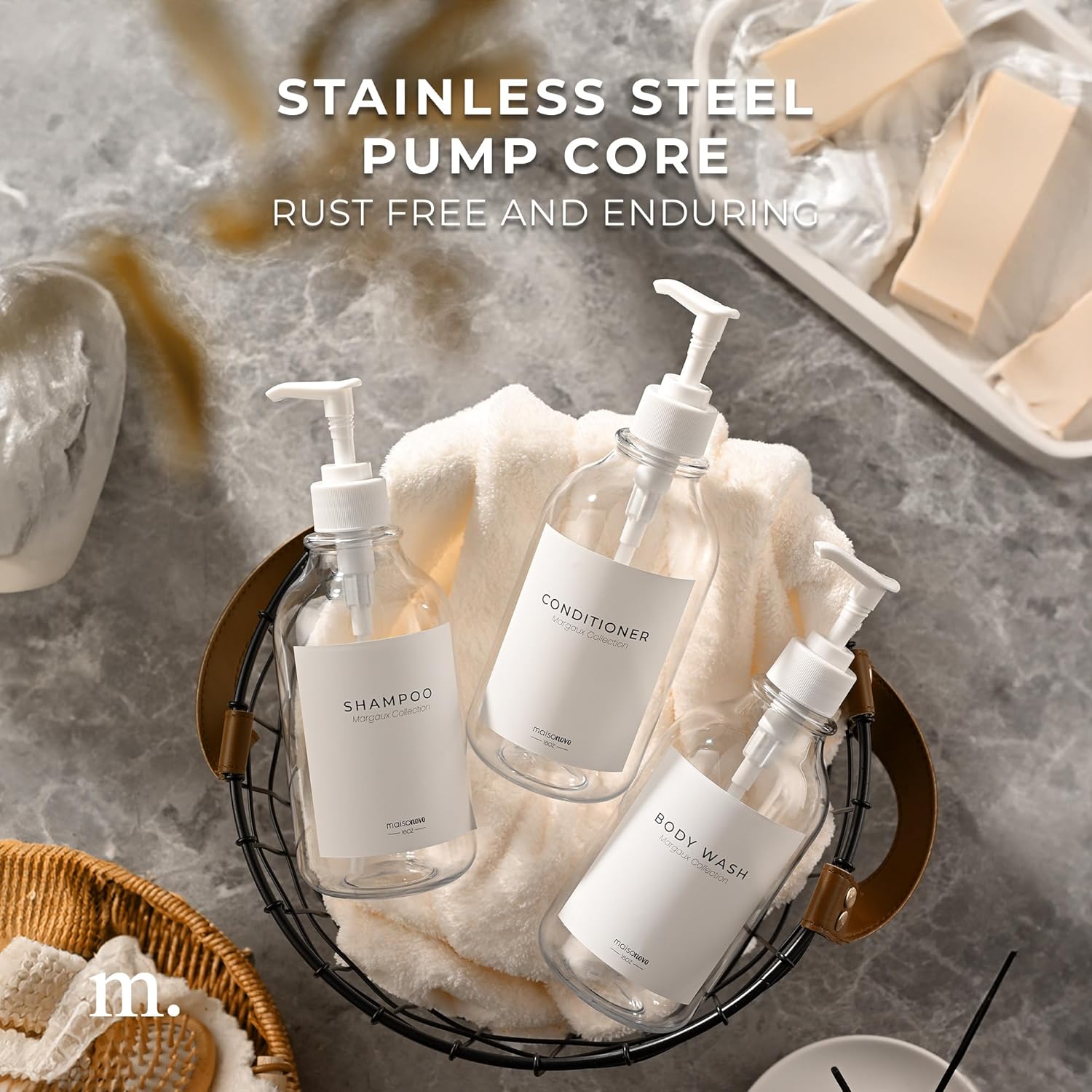 MaisoNovo Refillable Shampoo and Conditioner Bottles | 16.9 fl oz Set of 3 Clear Plastic Bottles White Pumps