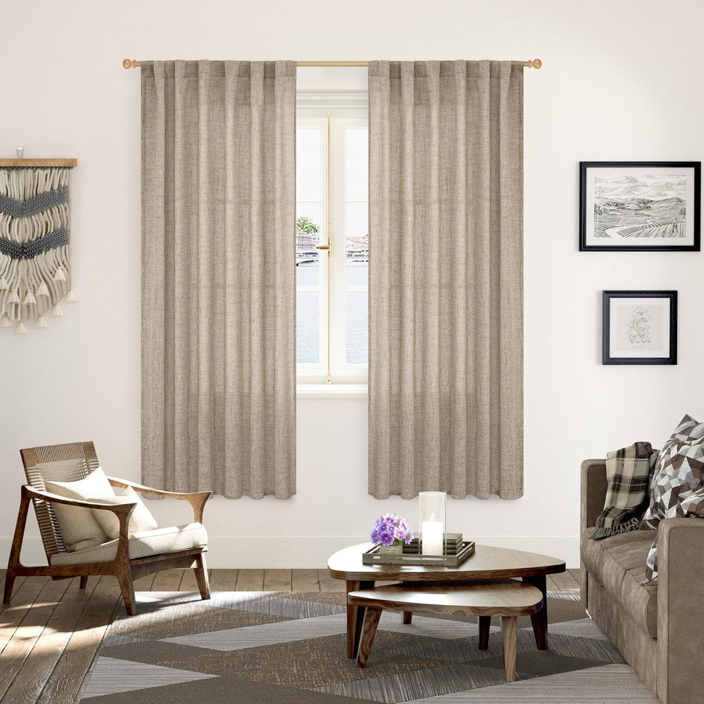 YoungsTex Dark Oatmeal Linen Semi Sheer Curtains 2 Panels for Living Room - Tan Window Drapes Light Filtering with Back Tab Rod Pocket Privacy for Farmhouse Bedroom, 52 X 72 Inch