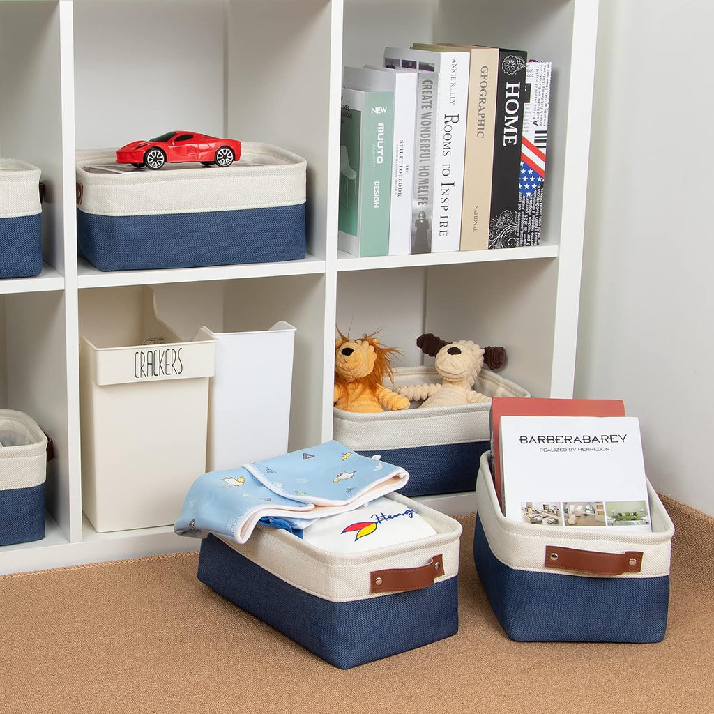 DULLEMELO Set of 6 Small Baskets for Organizing, Small Fabric Storage Bins for Toys Storage, Collapsible Storage Bins with Leather Handles for Shelves, Closets, Laundry, Nursery(White&Blue)