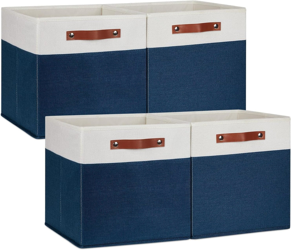 DULLEMELO 13 inch Cube Storage Bins, Gift Baskets Empty for Boy Girl Mother Father Christmas Festival,Fabric Storage Bins Cube Organizer Baskets With Leather Handles(White&Blue-4 Pack)