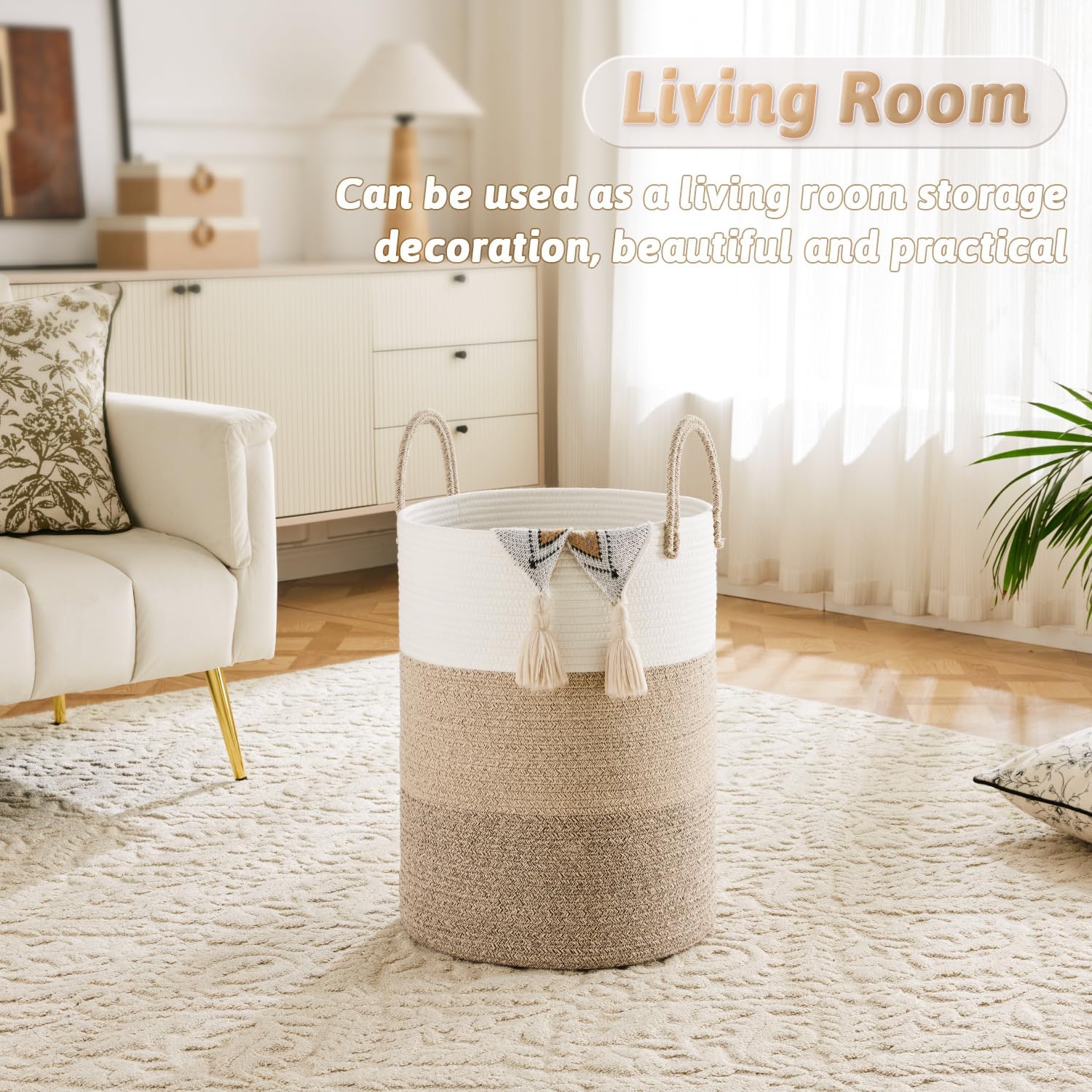 Laundry Basket,Woven Cotton Rope Laundry Hamper,100L for Decorative Storage of Dirty Clothes,Toys and Blankets in Bathroom,Bedroom and Living Room