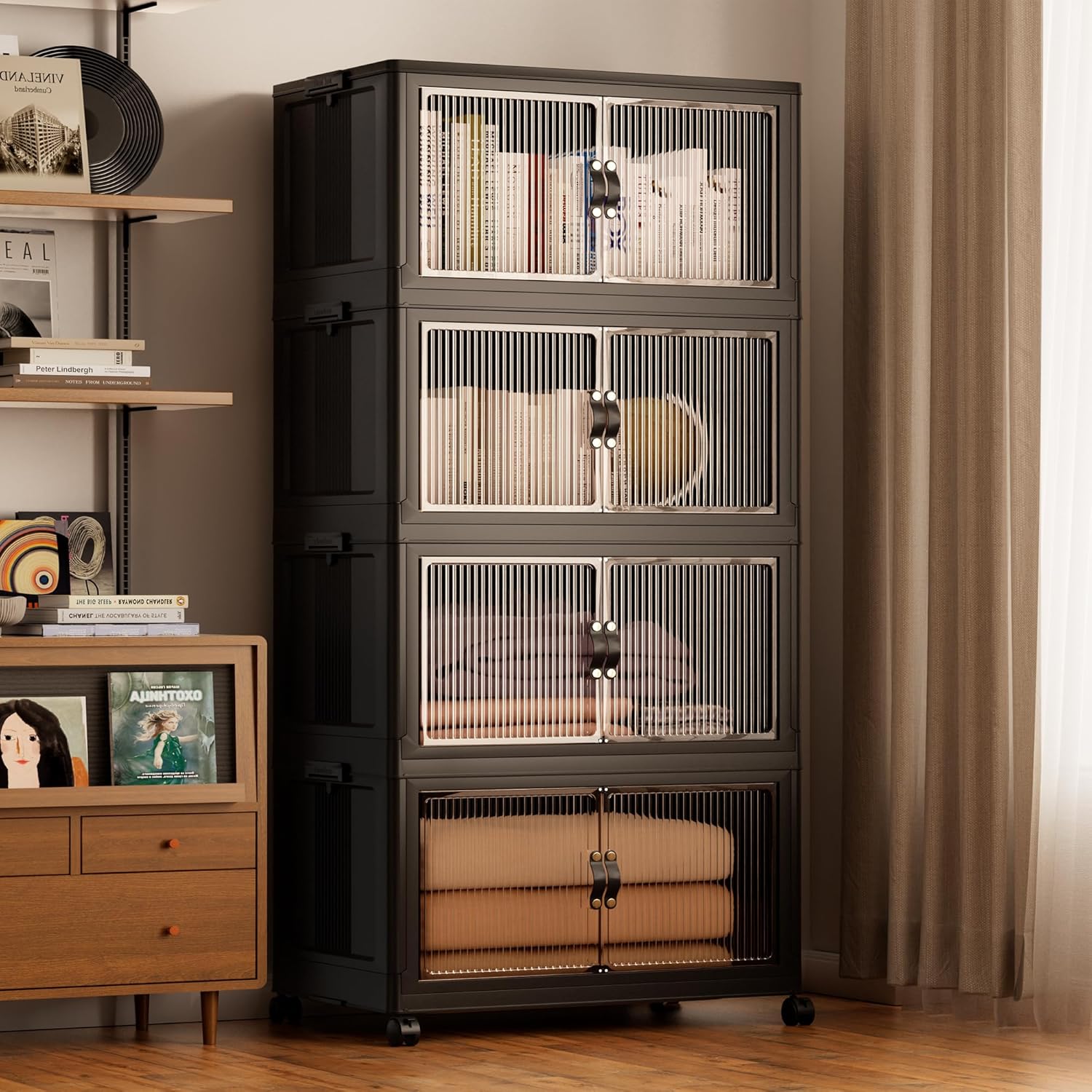 Jalove 120Gal Large Storage Bins with lids, 480QT Plastic Stackable Containers with Wheels, Collapsible Closet Organizer and Storage Drawers,Clothes Organization for Cabinet Home, 4Pack Black