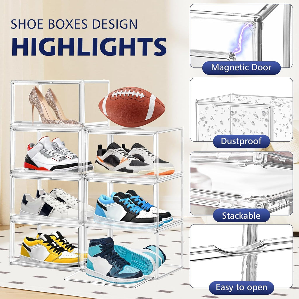 12 Pack Shoe Organizer Clear Plastic Stackable Shoe Storage Boxes with Magnetic Lid Acrylic Display Case Shoe Sneaker Rack for Closet,Fit up to US Size 12